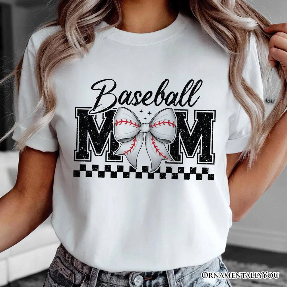 OrnamentallyYou Womens Baseball Mom Coquette Bow Retro T-Shirt