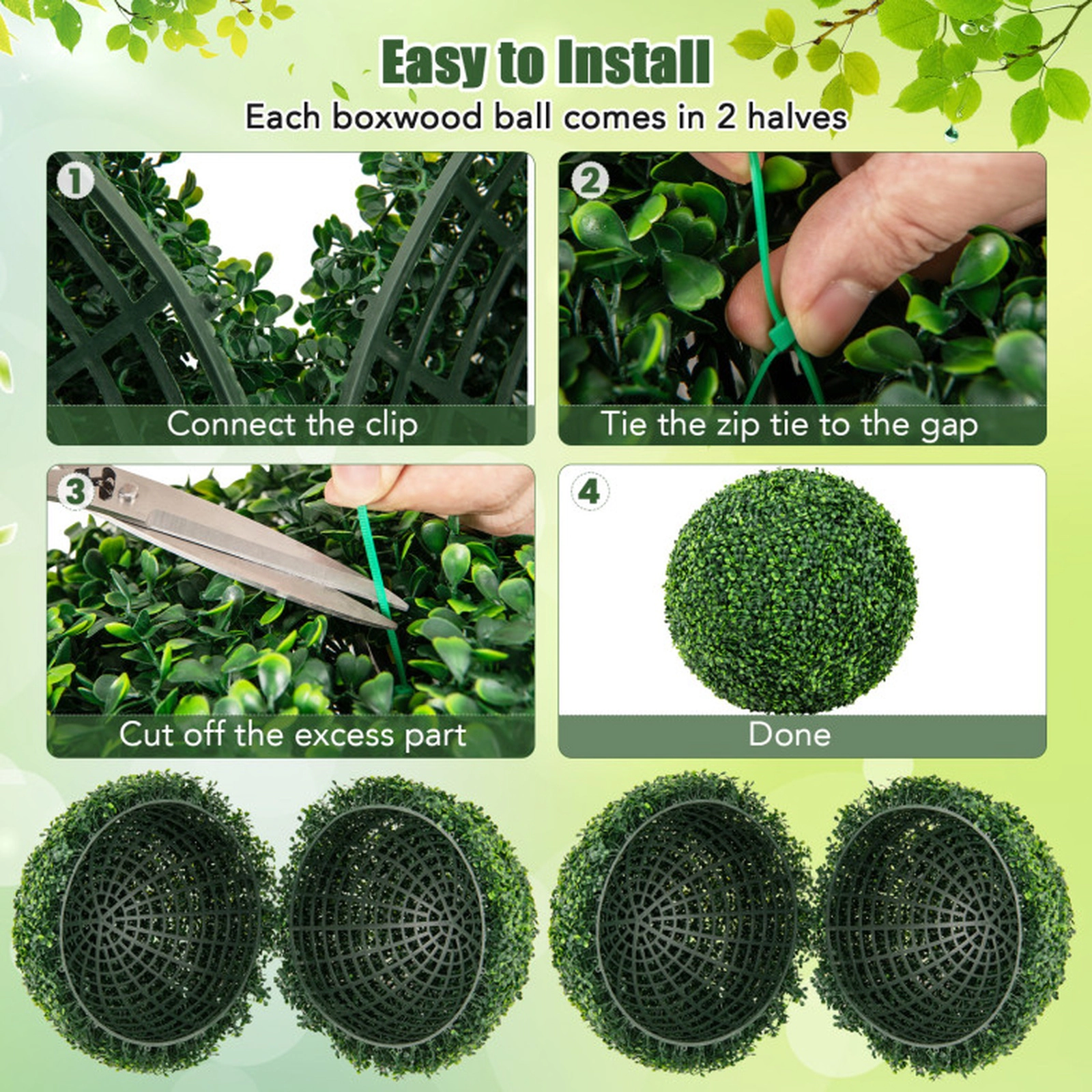 SUGIFT Set of 2 20-in Artificial Boxwood Topiary Balls with 4-Layer Leaves and Interlocking Halves
