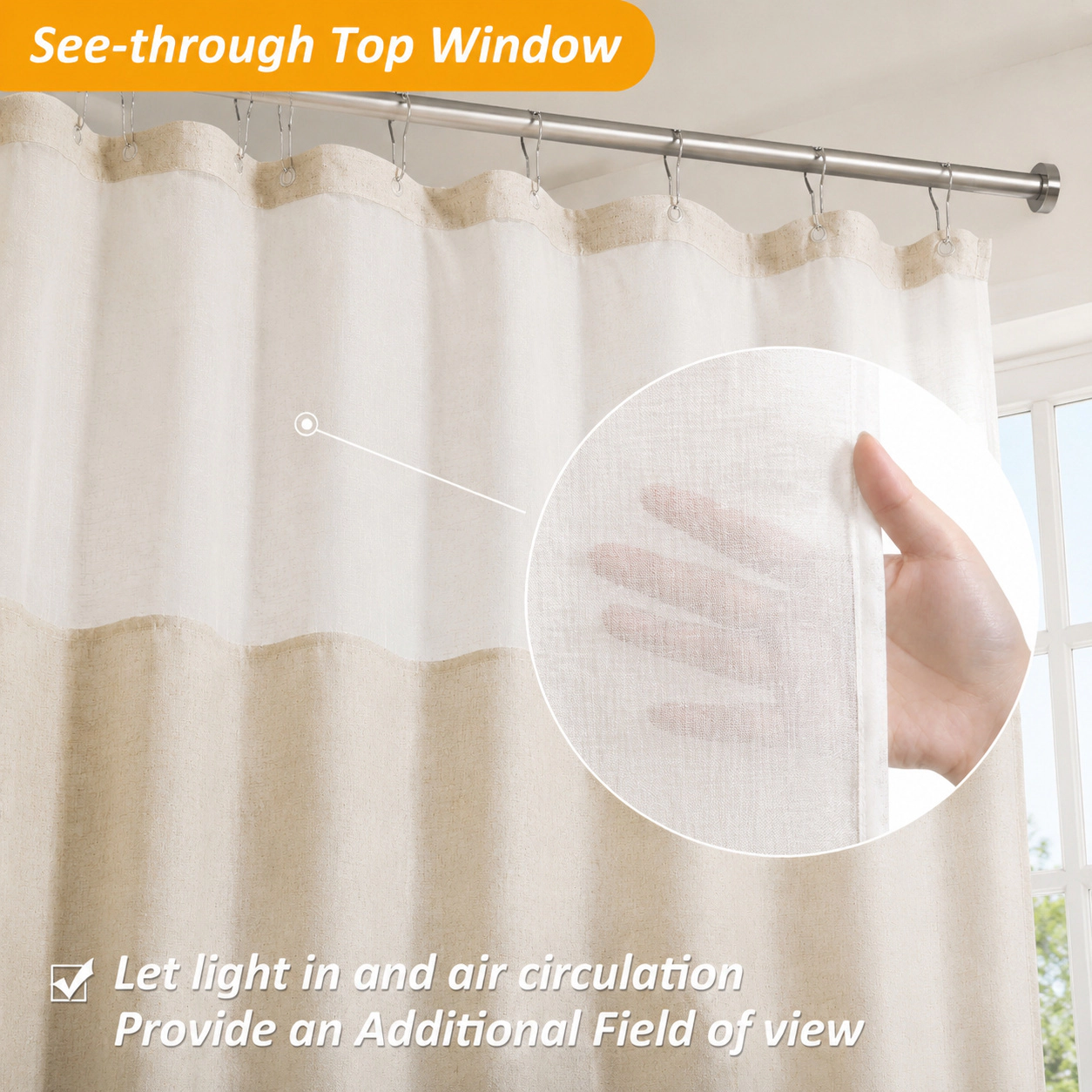 WZK Double Layer Linen Blend with Removable Liner Water Repellent See Through Panel Shower Curtain