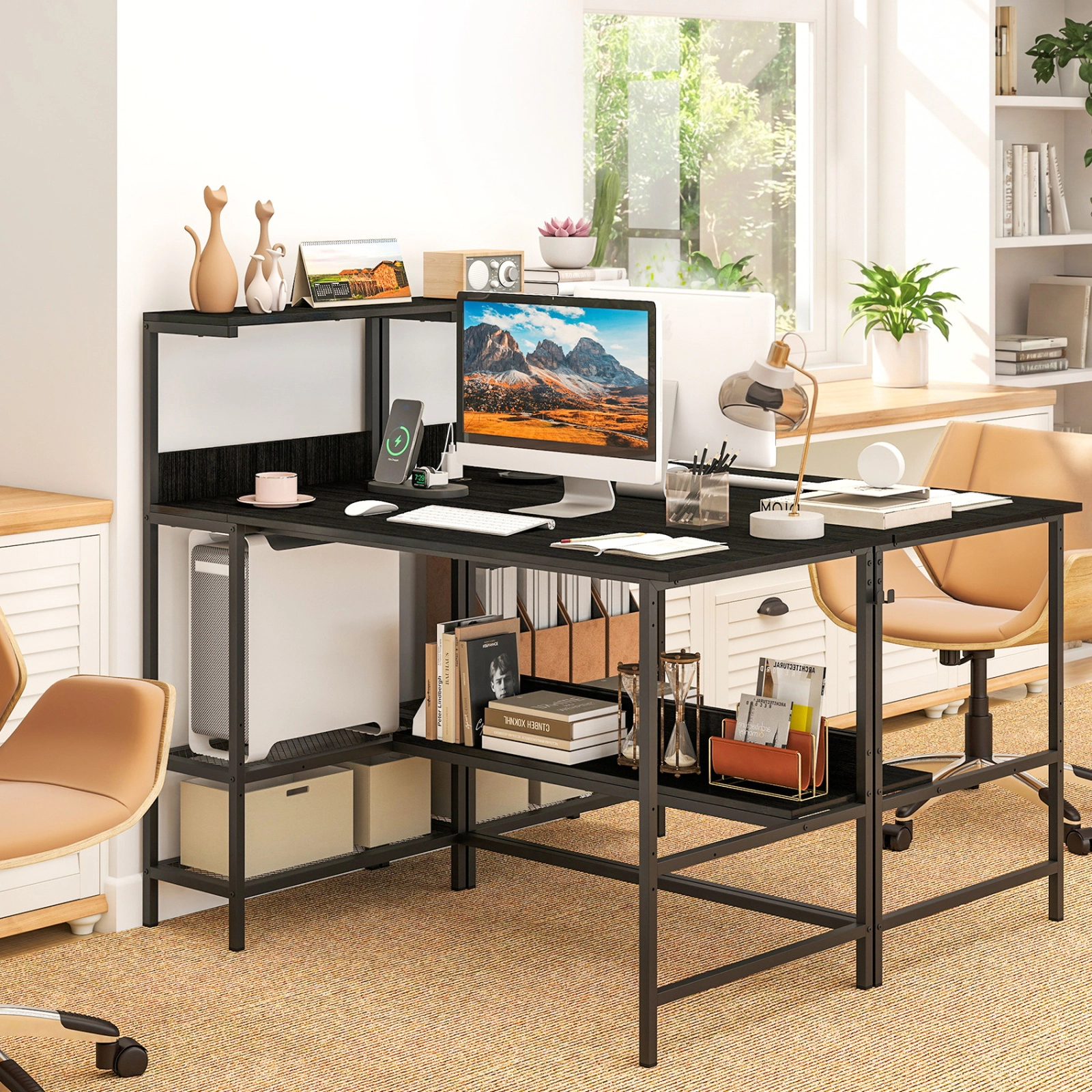 SUGIFT 48-in Computer Desk with Power Outlets, Raised Top Shelf and Storage Shelves 88-lb Tabletop Capacity Black