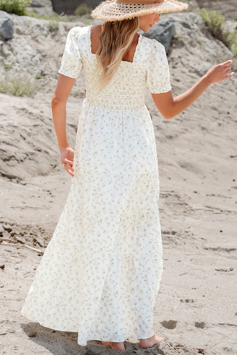 Threaded Pear Women's Robin Frilly Shirred Bodice Tiered Floral Maxi Dress