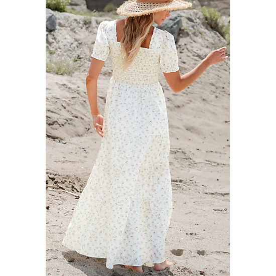 Threaded Pear Women's Robin Frilly Shirred Bodice Tiered Floral Maxi Dress