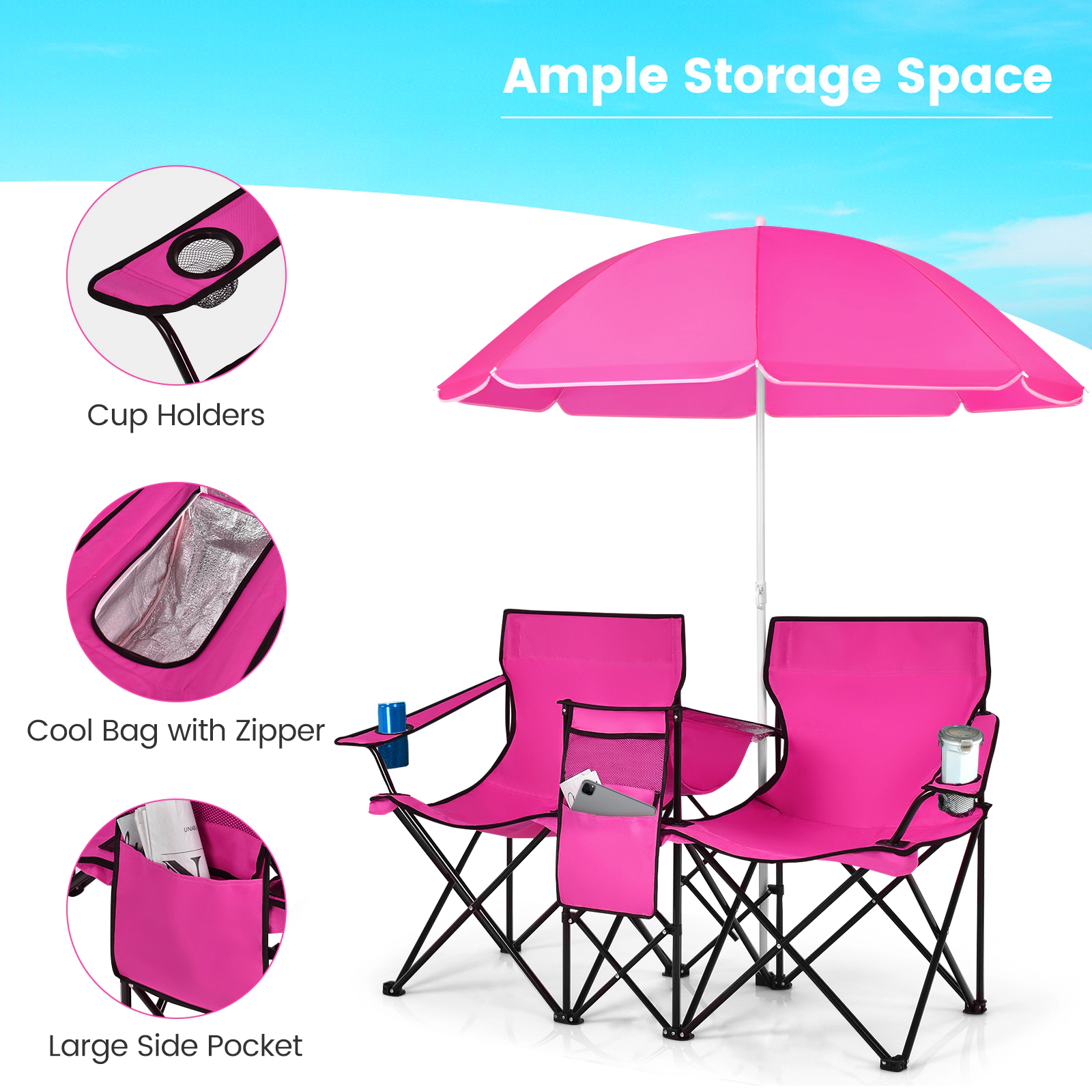 SUGIFT Portable Folding Picnic Double Chair with Umbrella and Cooler Bag 270-lb Capacity per Seat 600-lb Total Pink