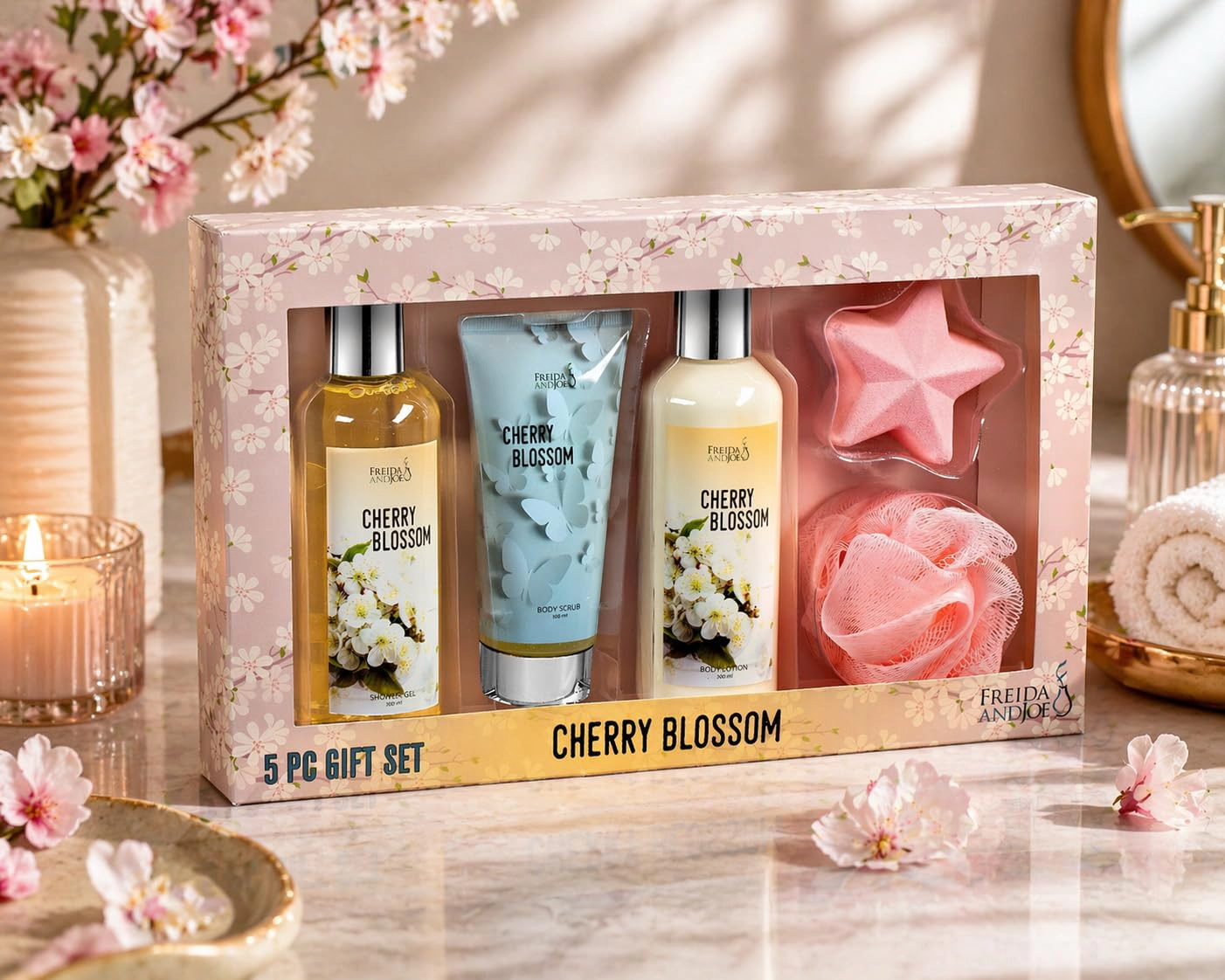 Freida and Joe  Women Cherry Blossom Spa Gift Box For Her Bath and Body Self-care Gift Set