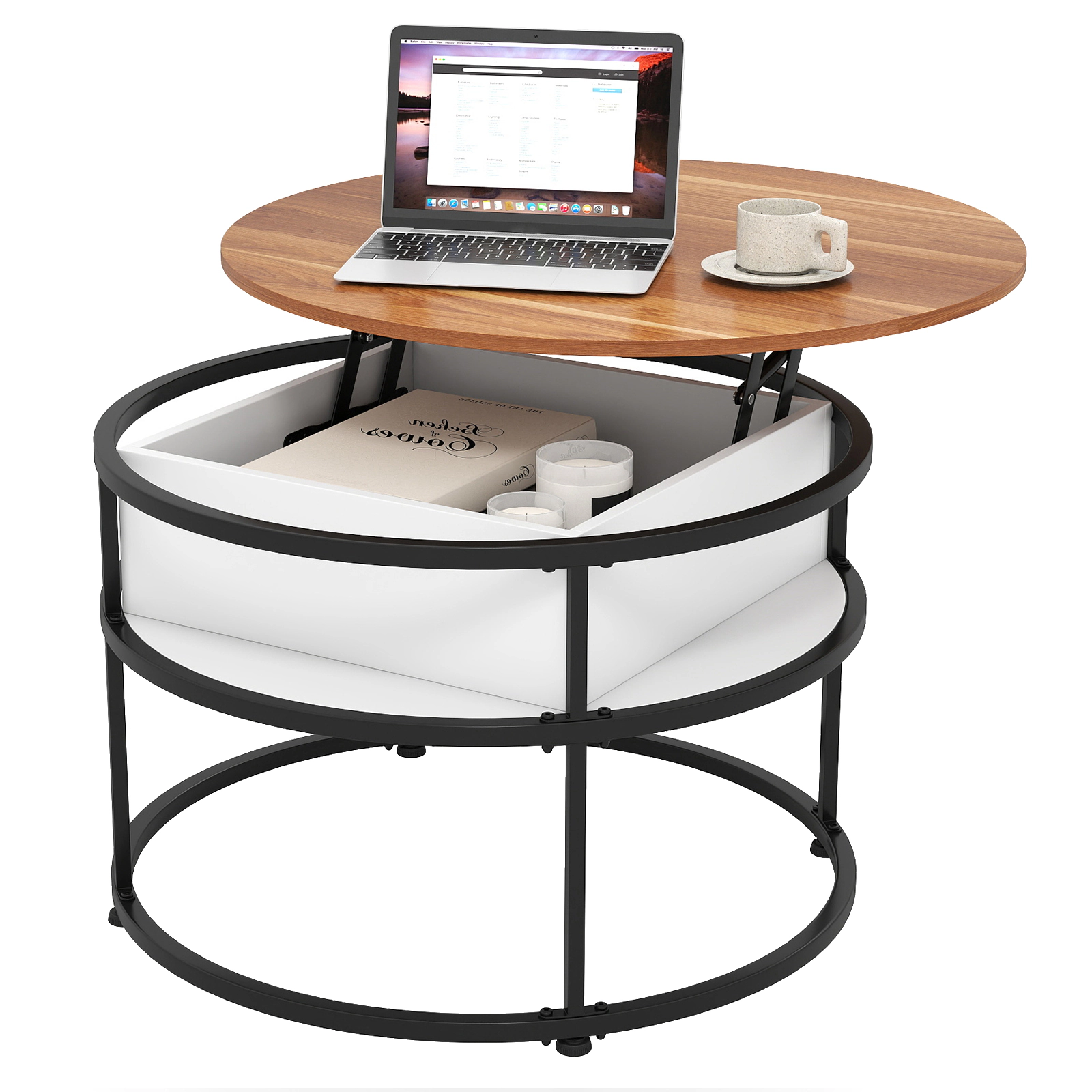 Glintex 31.5-Inch Round Lift-Top Coffee Table with 4 Side Shelves