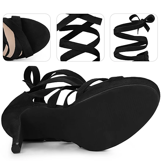 BLISSFUL STEP Women's Strappy Platform Lace Up Open Toe Stiletto Heels Sandals