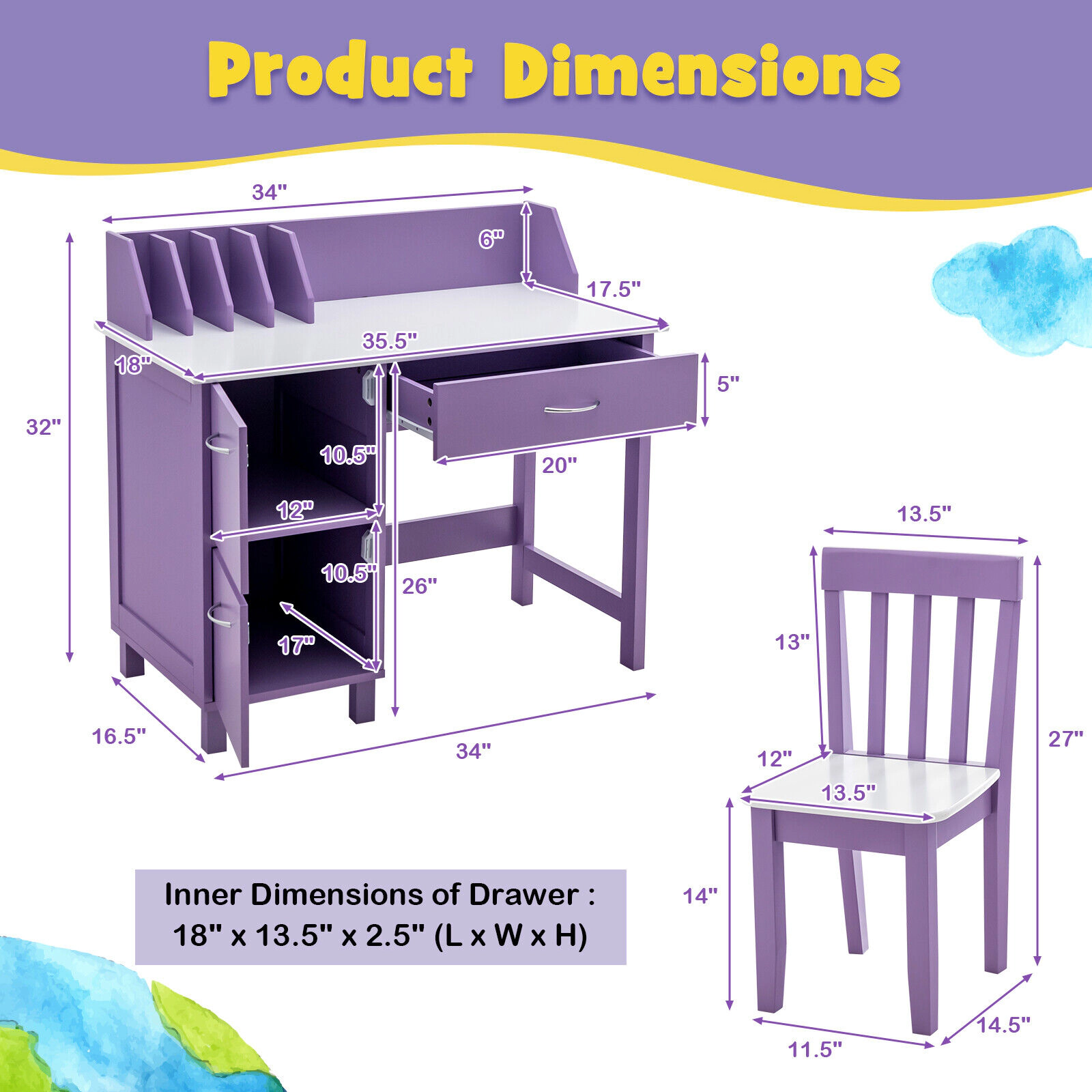 SUGIFT Kids Wooden Writing Desk & Chair Set Drawer & Storage Cabinet 110-lb Table 165-lb Chair Capacity Ages 3+ Purple