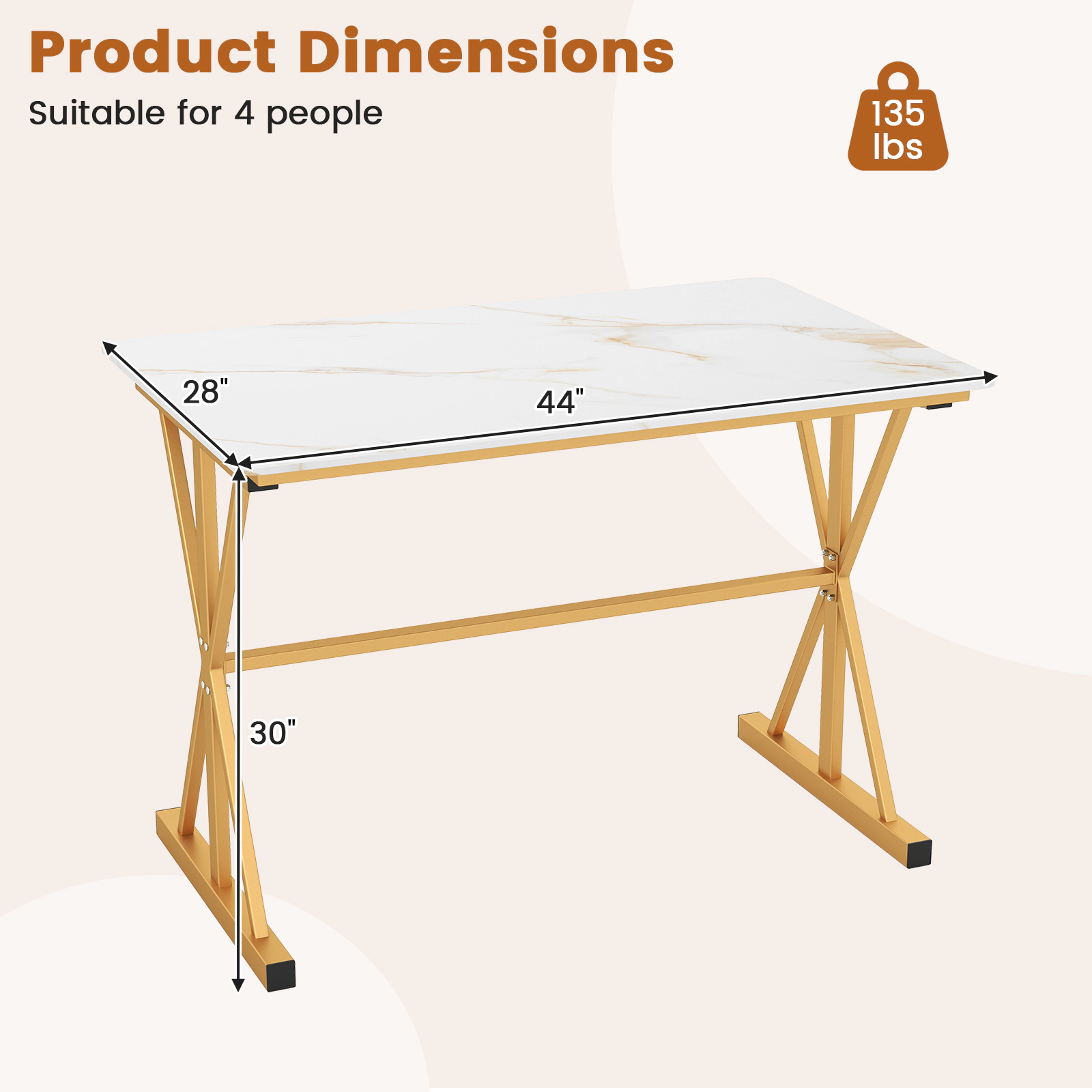 LJG 44 Inches Sintered Stone Dining Table with Metal Frame and Faux Marble Tabletop