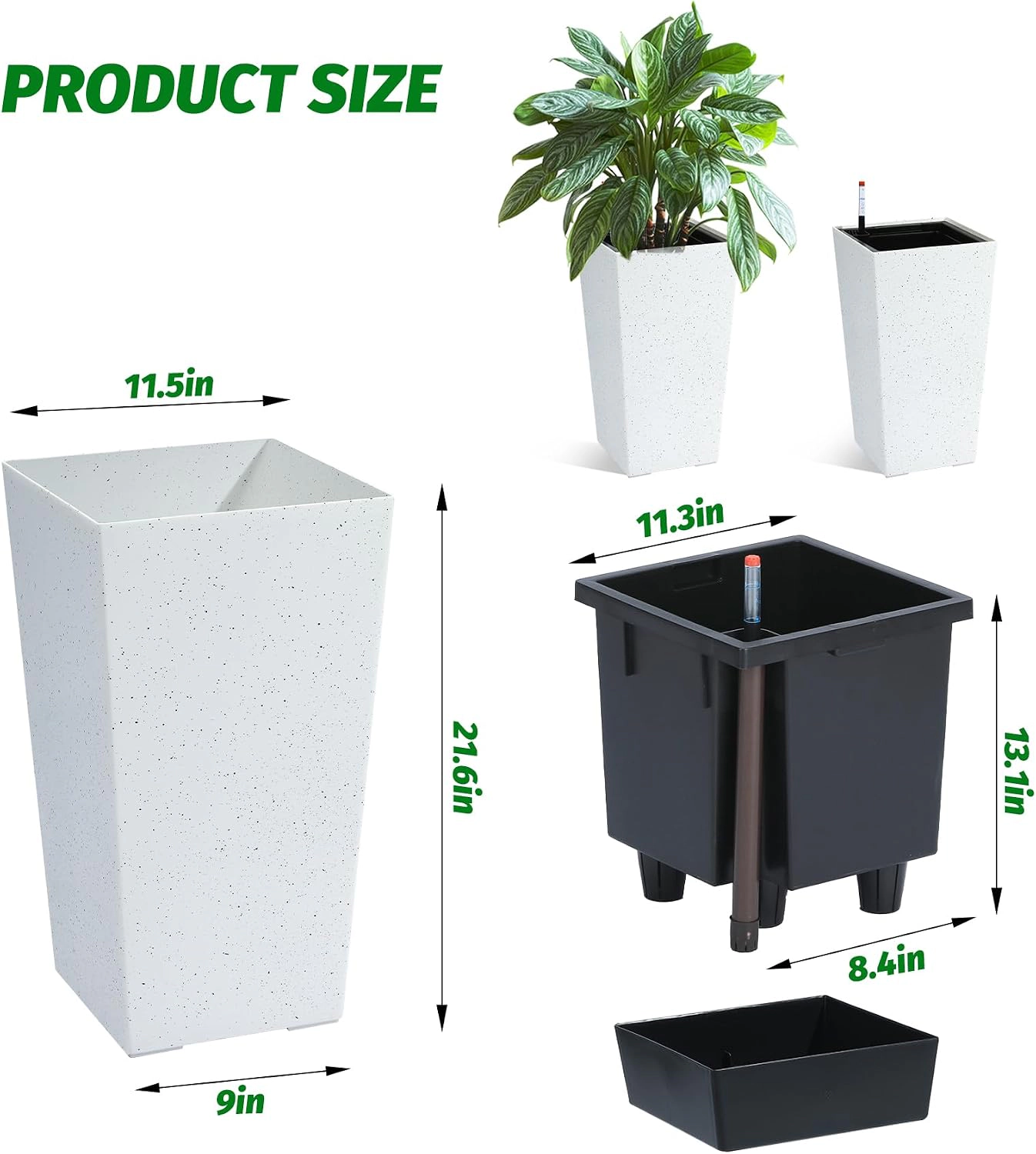 Set of 2 Rectangular Planters 21.6" Tall, Self-Watering Drainage & Water Level Monitor, Wheels, Indoor Outdoor