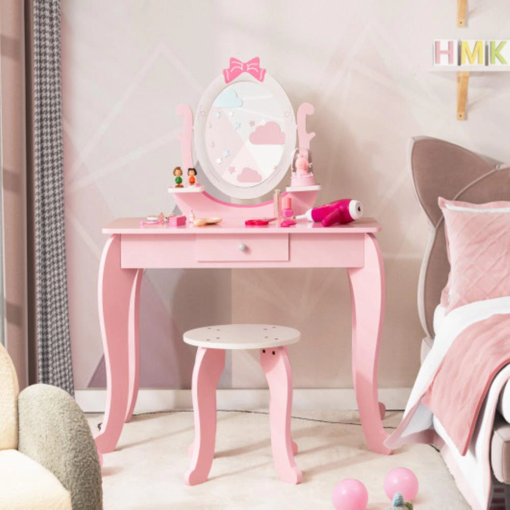 Hivvago Kid Vanity Table Stool Set With Oval Rotatable Mirror-Pink
