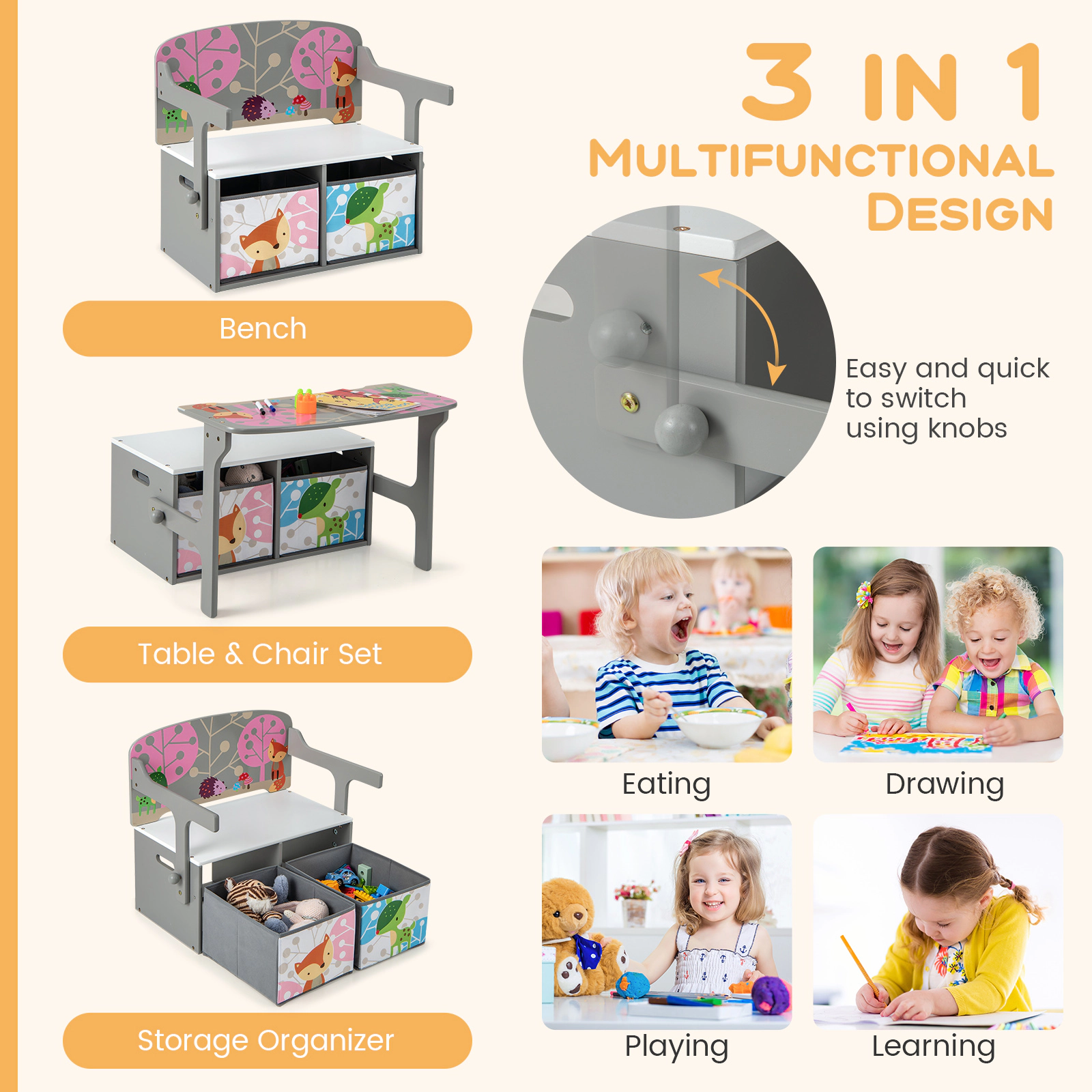 Hivvago 3 1 Kids Convertible Activity Bench With 2 Removable Fabric Bins