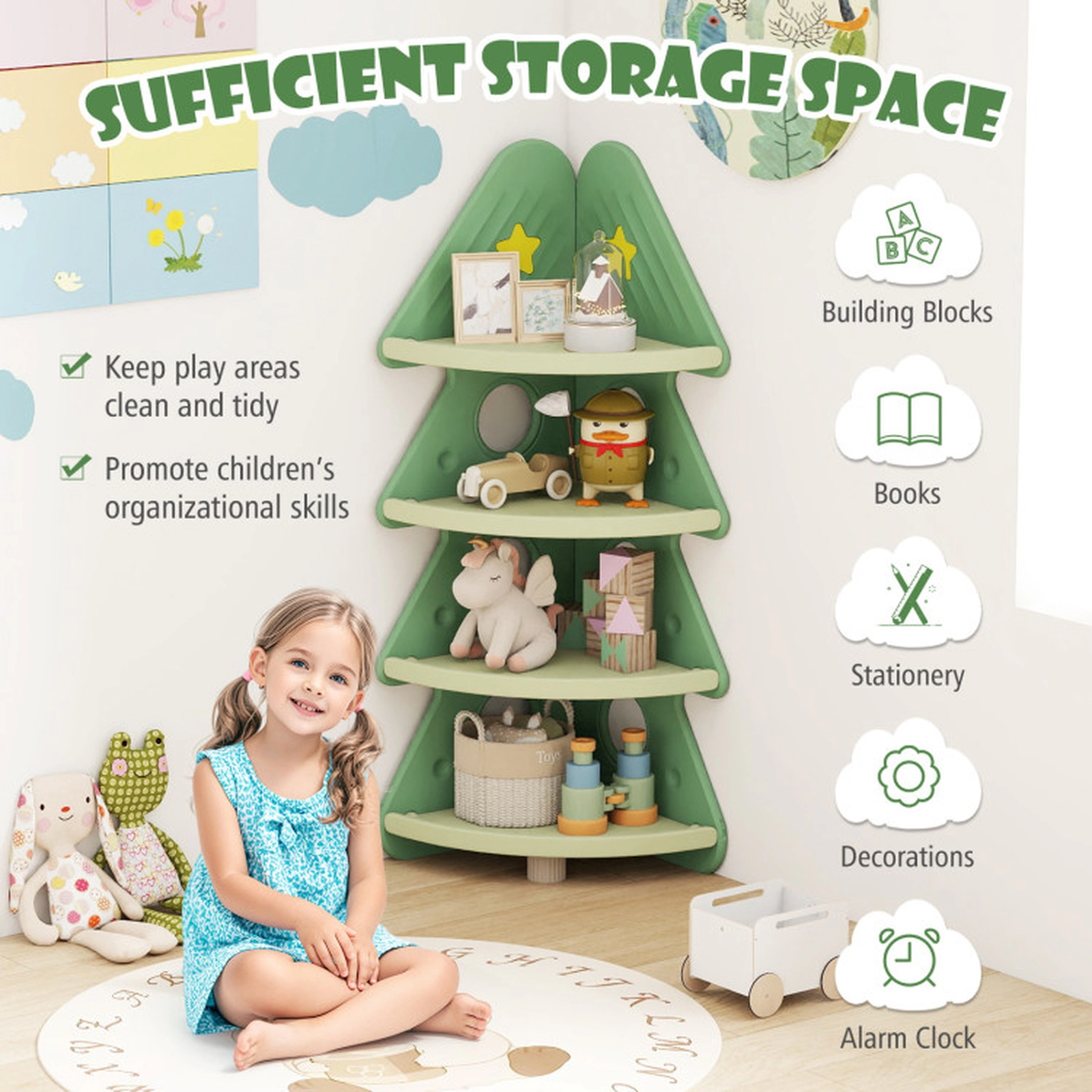 SUGIFT 4-Tier Corner Kids Toy Organizer Bookshelf with Anti-Falling Guardrails 49-in Tall Ages 3+ Green
