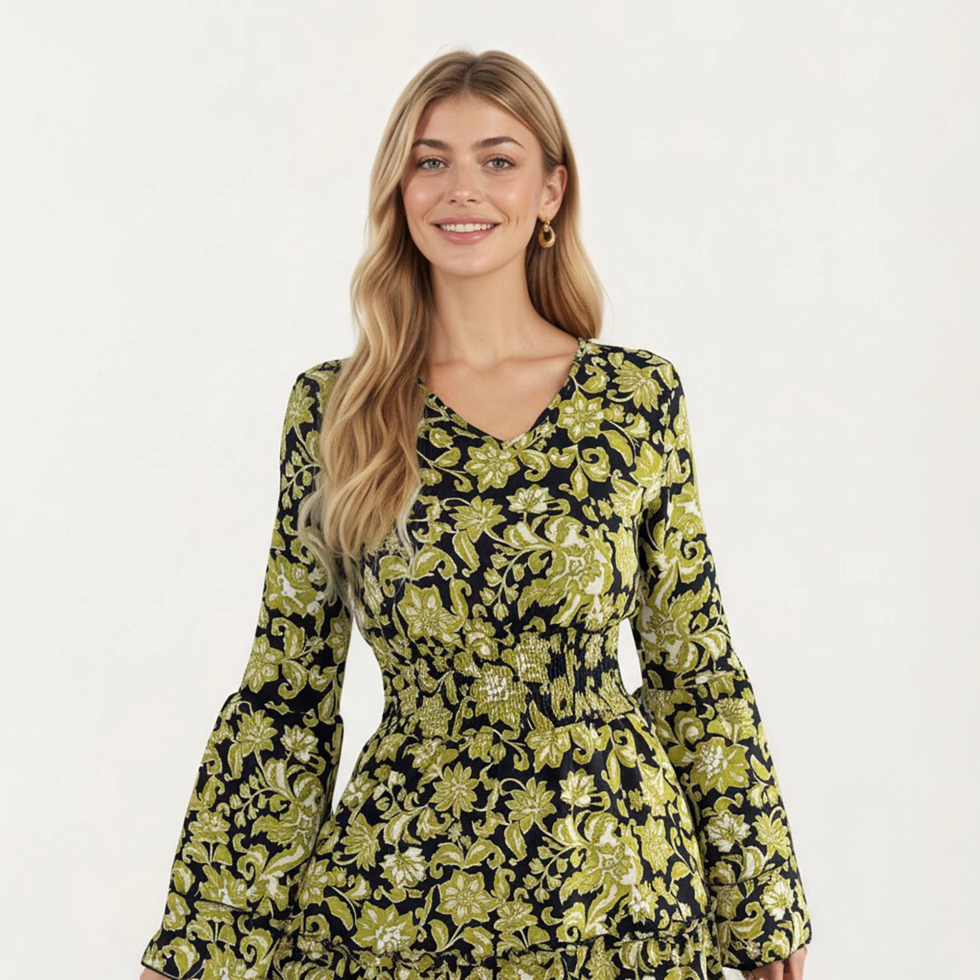 Anna-Kaci Women's Floral V Neck Bell Sleeves Tiered Skirt Dress