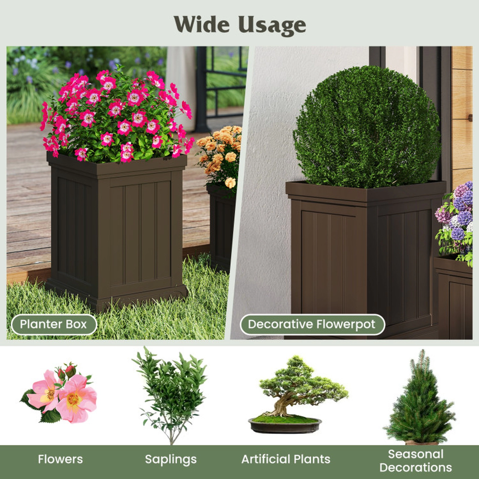 SUGIFT Square Planters Set of 2 Flower Pots with Drainage Holes and Nesting Design Light Brown