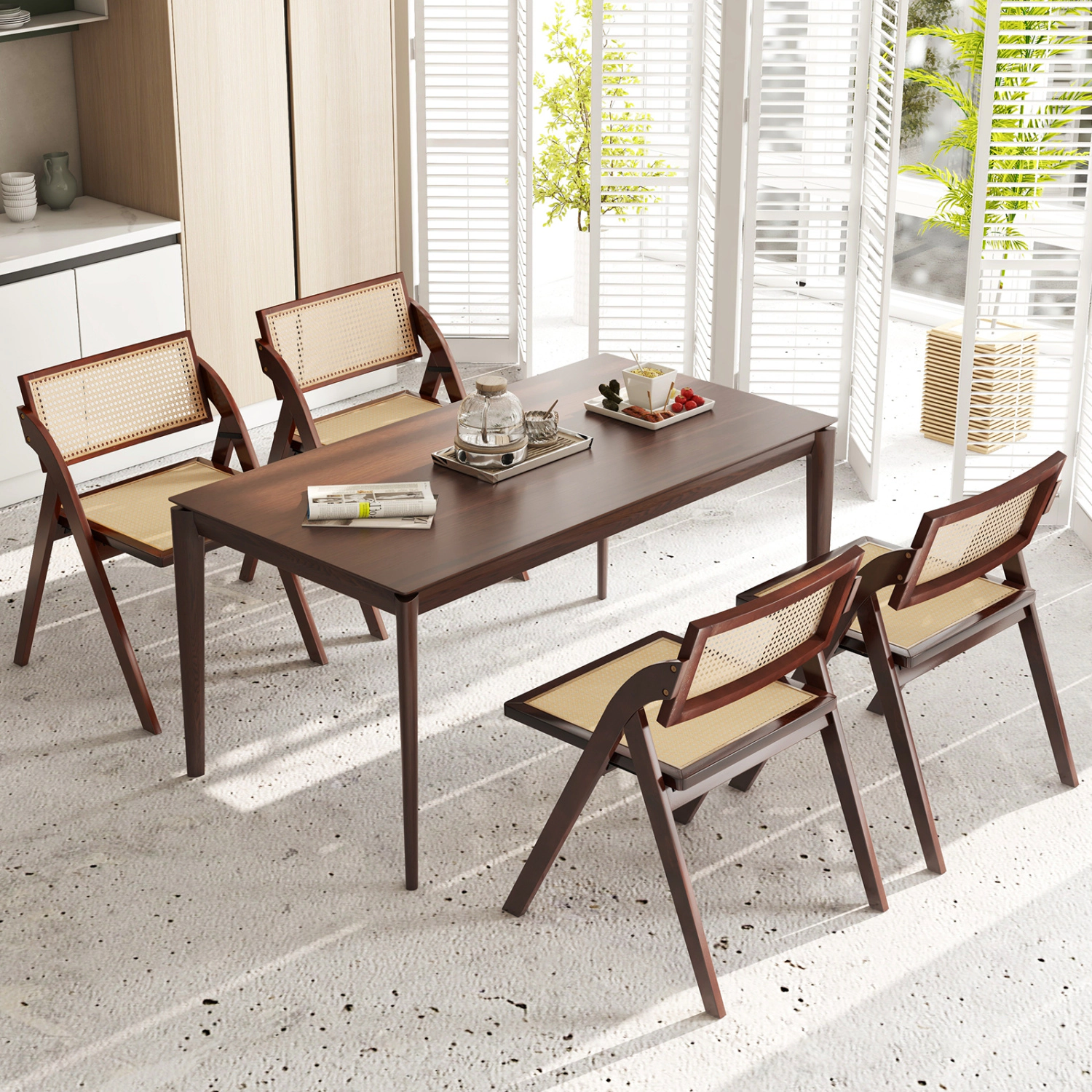 LJG Set of 4 Foldable Dining Chairs with Woven Rattan Backrest