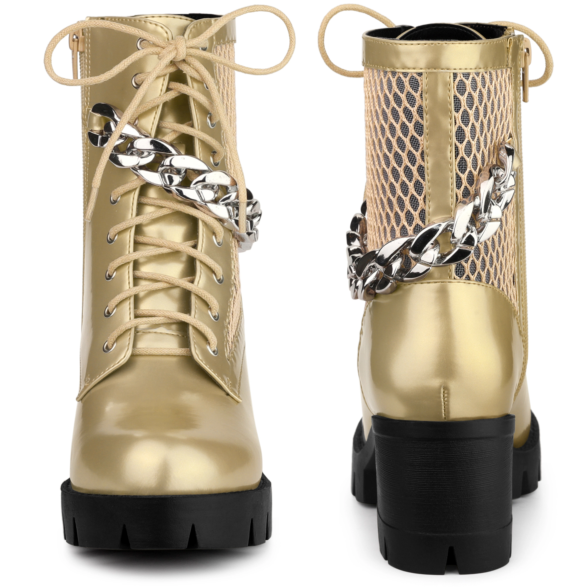 BLISSFUL STEP Women Mesh Lace Up Platform Lug Sole Chunky Heel Combat Boots