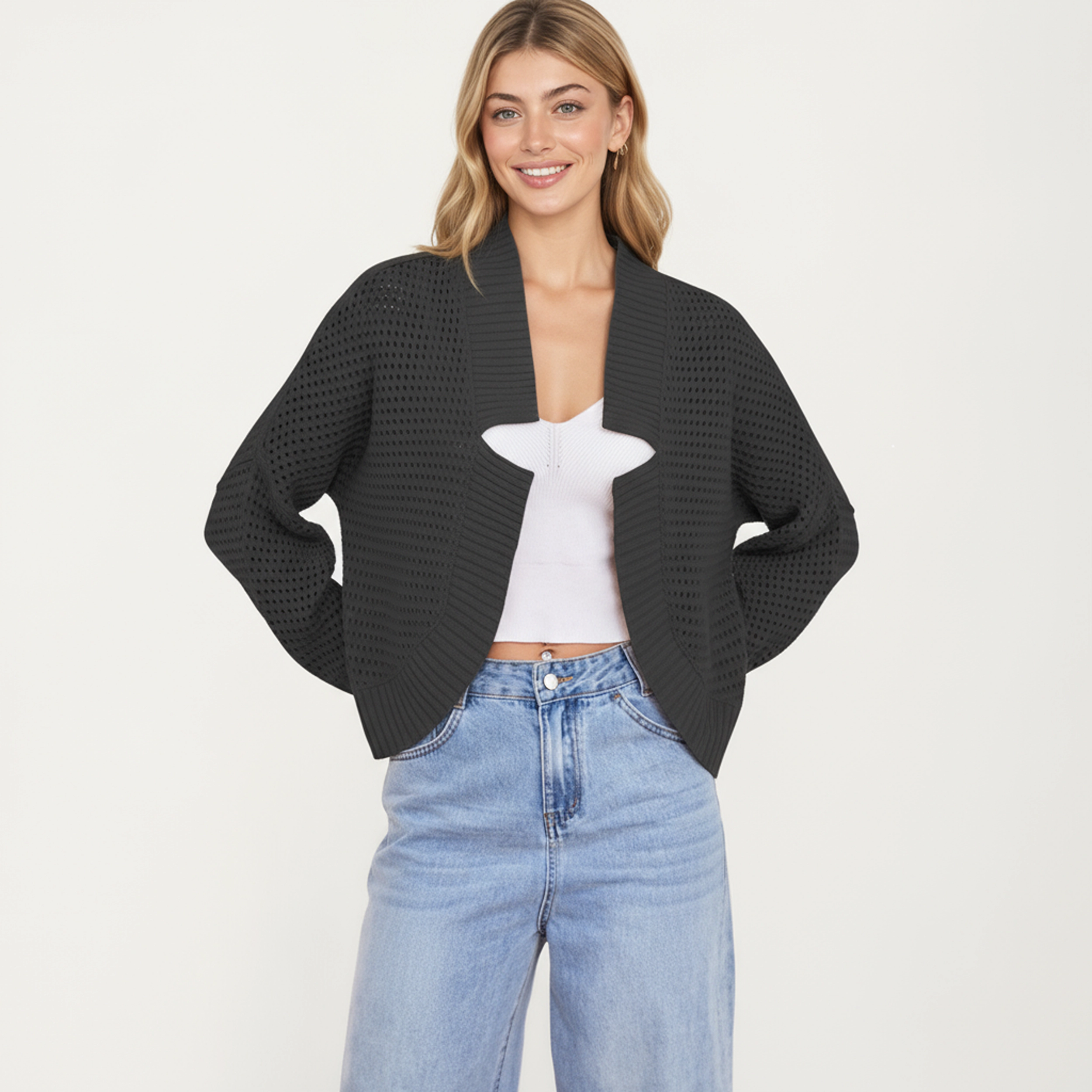 Anna-Kaci Women's Open Front Long Sleeve Knit Fashion Cardigan with Textured Hollow-Out Design