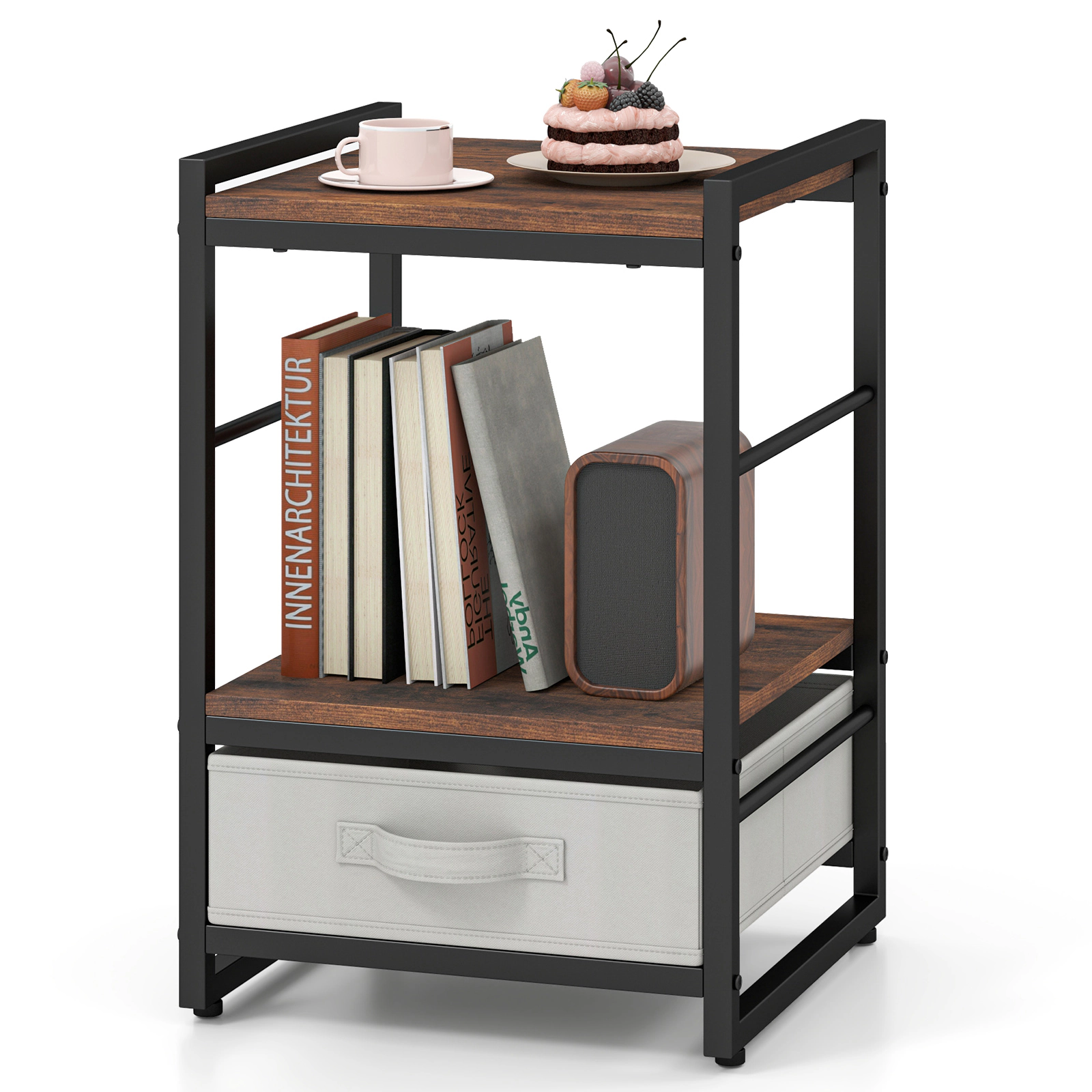 Glintex Industrial Nightstand with Removable Fabric Drawer and Anti-Falling Guardrails, Rustic Brown
