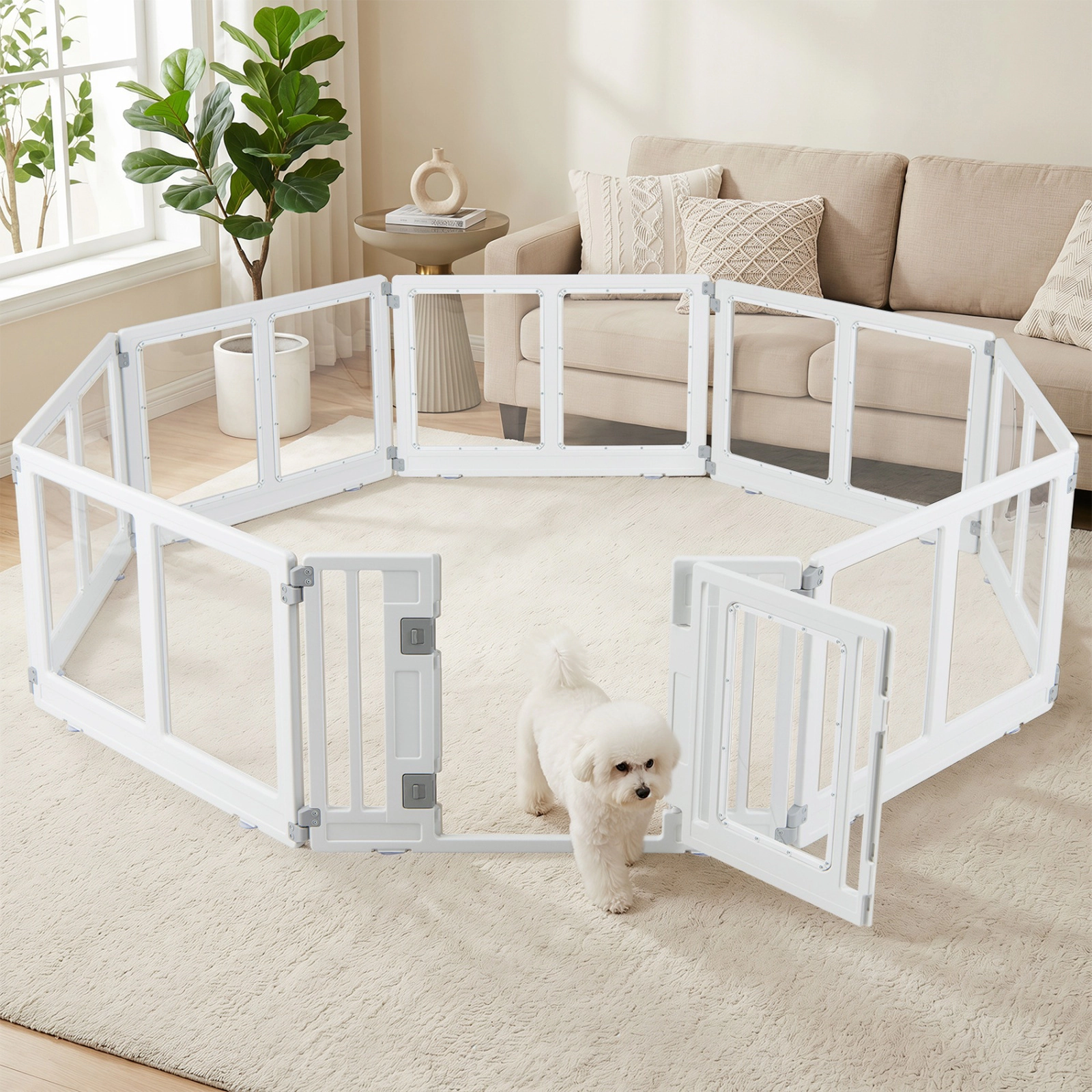 SUGIFT Clear Plastic 8-Panel Dog Playpen Pet Gate with Secure Locking Door 22.5-in Tall Multiple Layouts White
