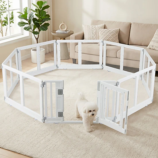 SUGIFT Clear Plastic 8-Panel Dog Playpen Pet Gate with Secure Locking Door 22.5-in Tall Multiple Layouts White