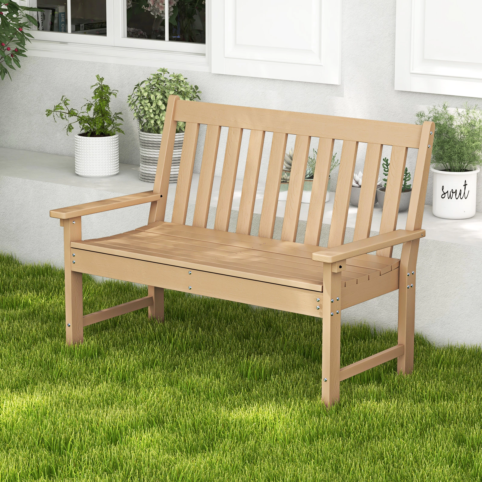 SUGIFT 52-in All-Weather Outdoor Bench with Backrest and Armrests 705-lb Capacity Teak Gray/Teak/Black/White