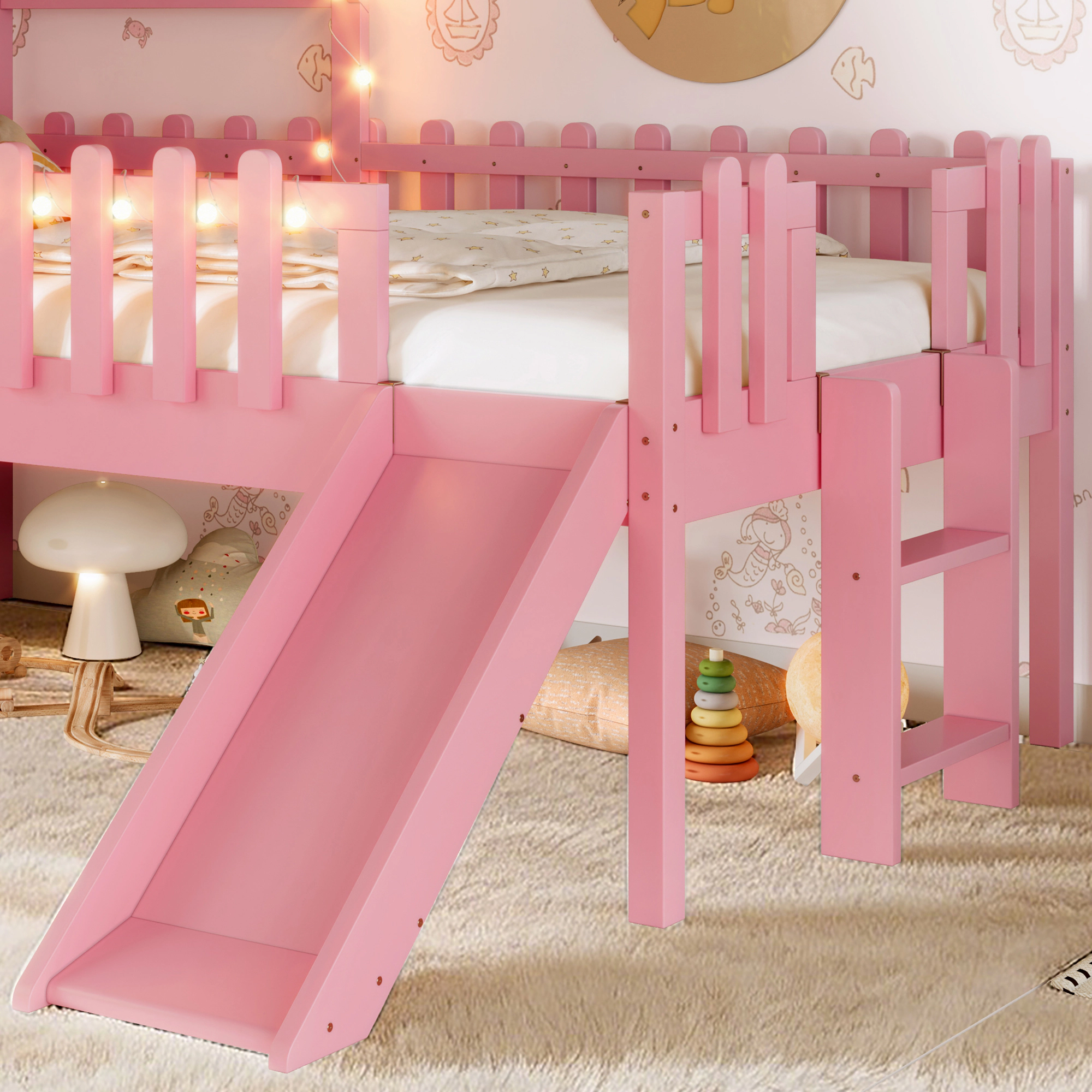 Flynama Twin House Loft Bed with Slide, LED Lights & Window, Pink Kids Playhouse