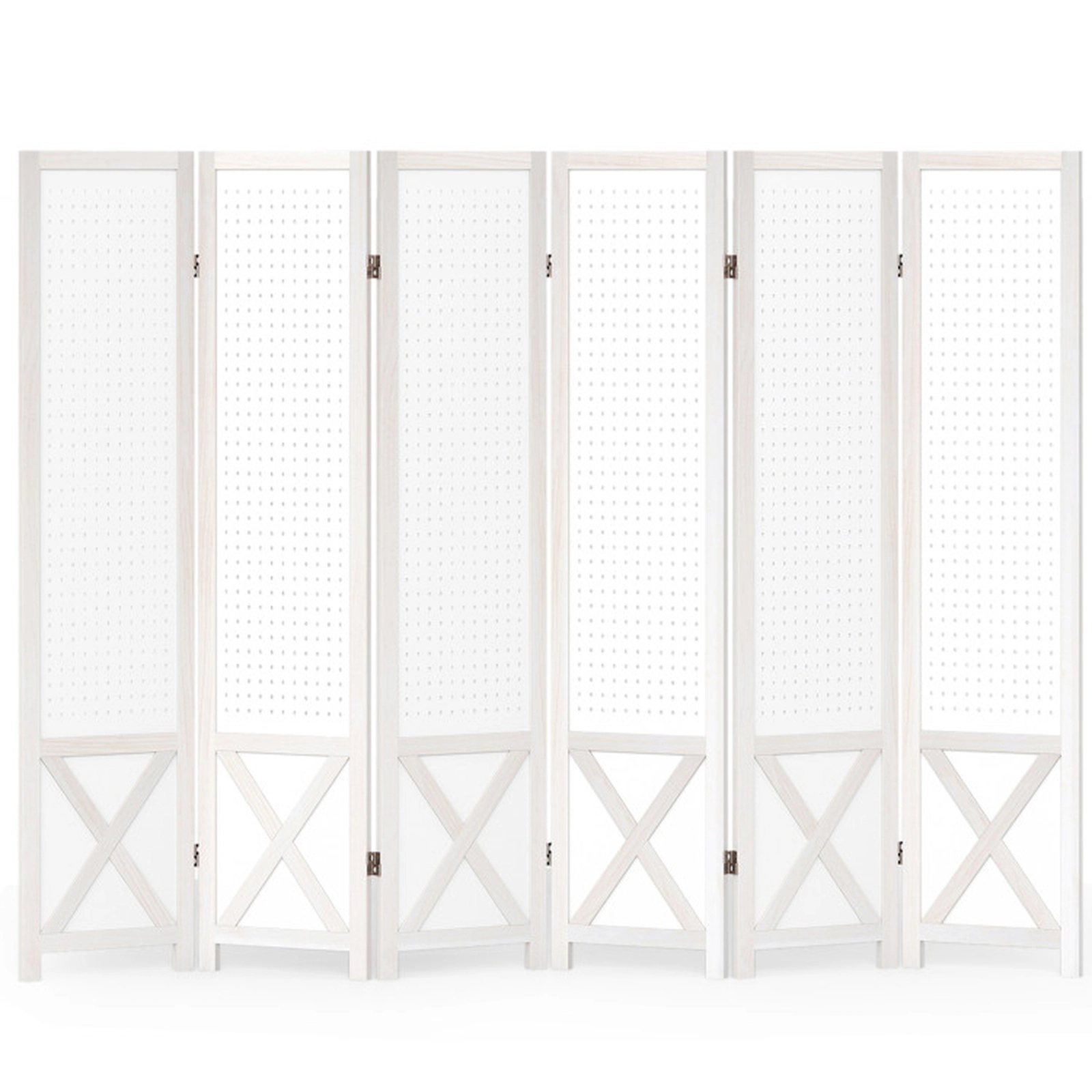 SUGIFT 6-Panel Pegboard Paulownia Wood Foldable Privacy Screen Room Divider 97-in x 67-in 16-in Folded 39-lb White