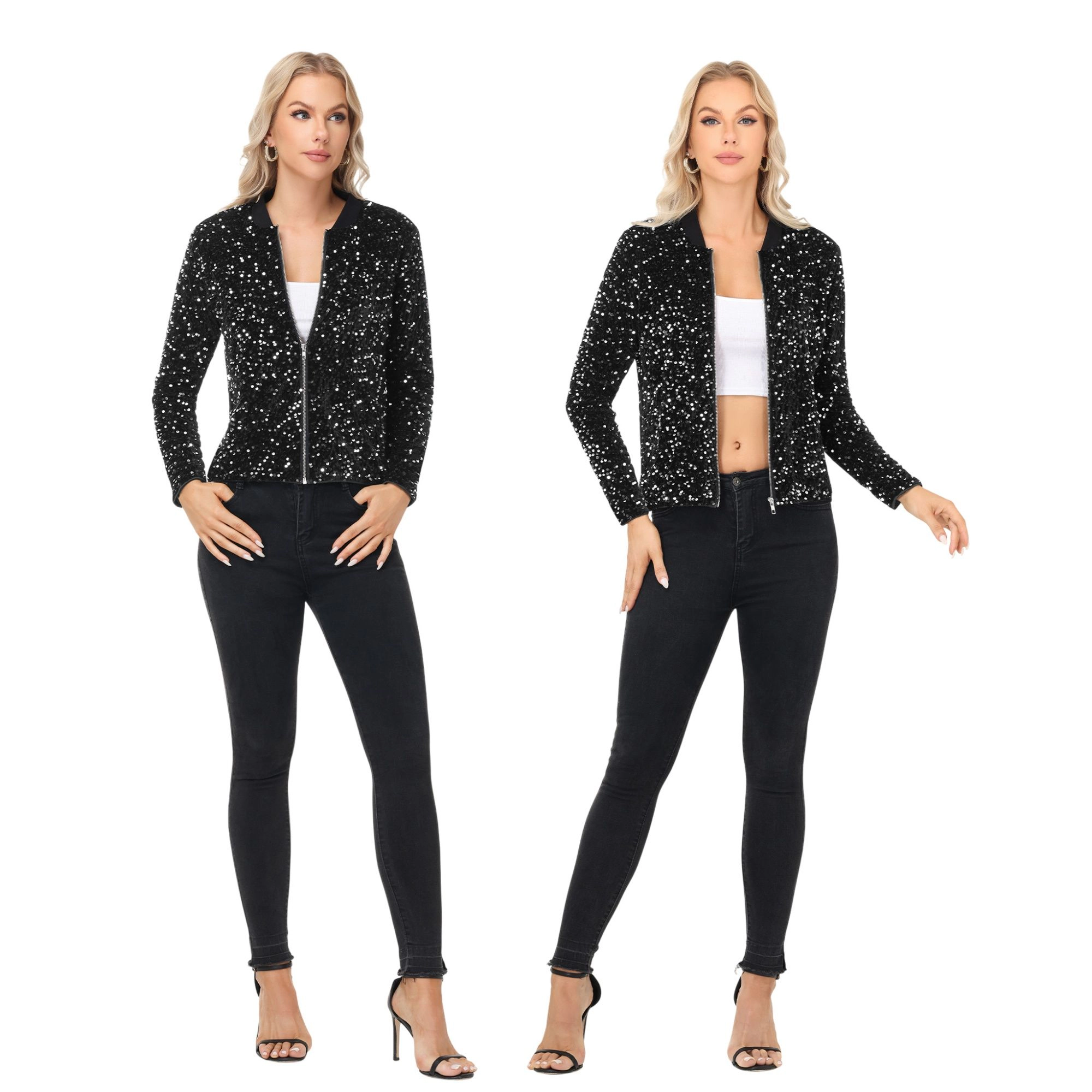 Anna-Kaci Women's Sequin Bomber Jacket with Front Zipper Closure and Ribbed Trim