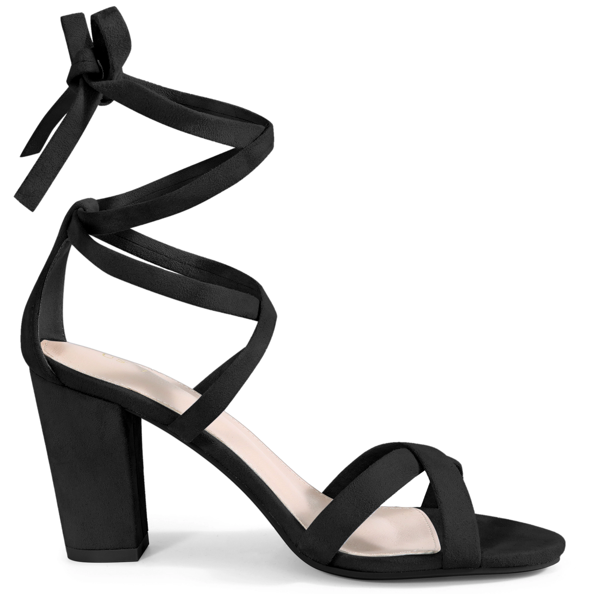 BLISSFUL STEP Women's Faux Suede Strappy Lace Up Open Toe Block Heel Sandals