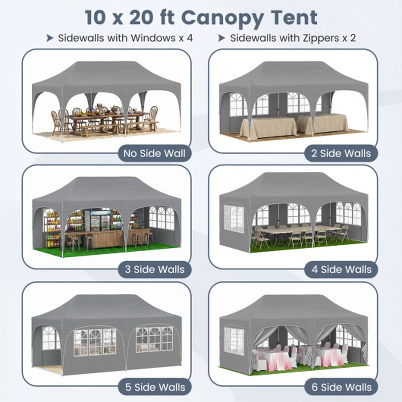 SUGIFT 10 x 20-ft Pop Up Patio Canopy Tent with 6 Removable Sidewalls and Church Windows 10.4-ft H Gray