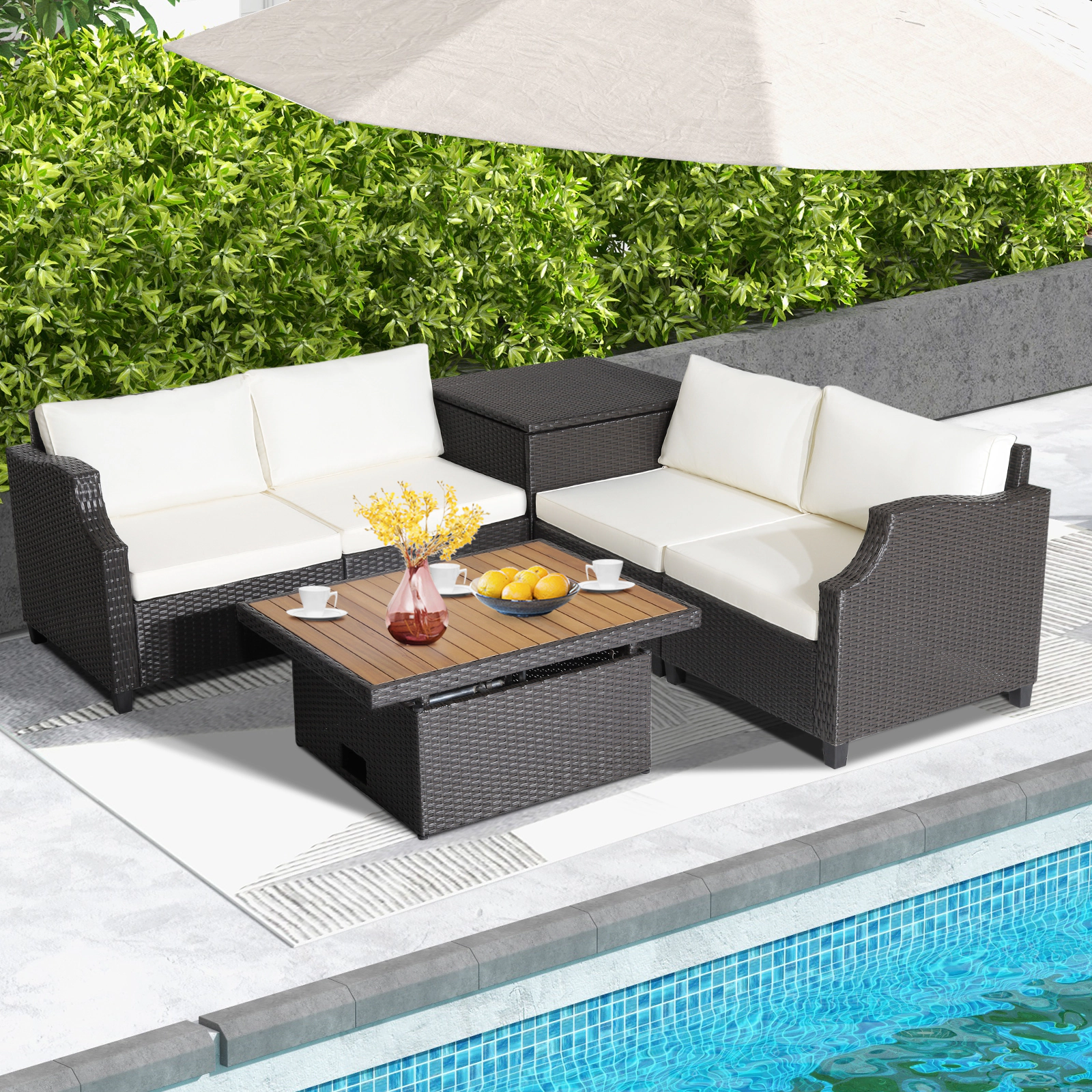 LJG 7 Pieces Hand-Woven Wicker Outdoor Furniture Set with Acacia Wood Coffee Table