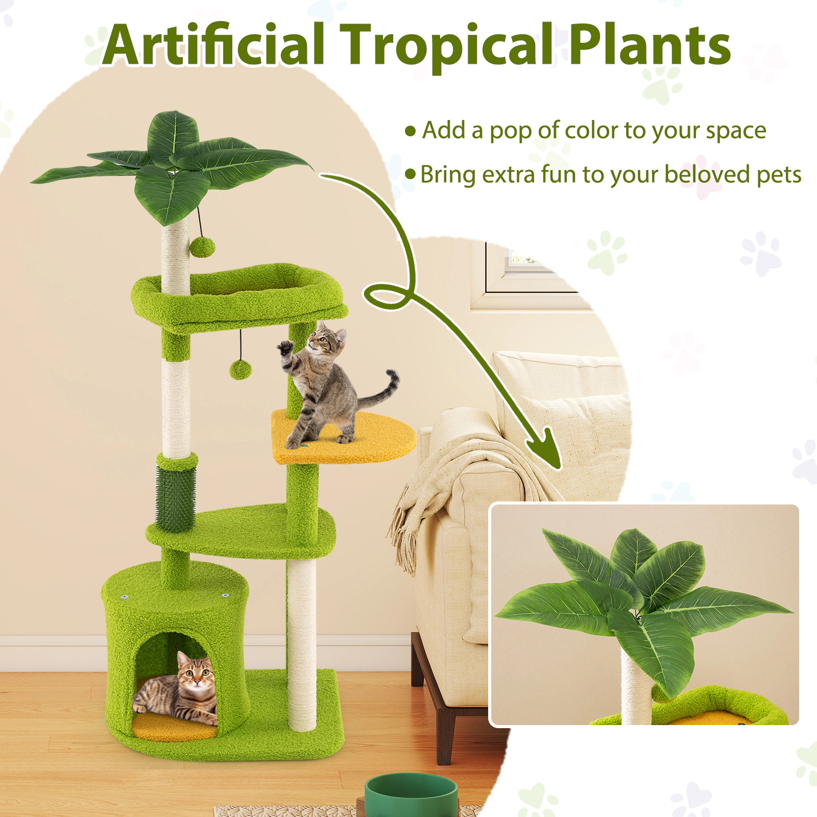 SUGIFT 48-in Multi-Level Cat Tree Tower with Condo, Perches and Scratching Posts 22-lb Capacity Green + Orange