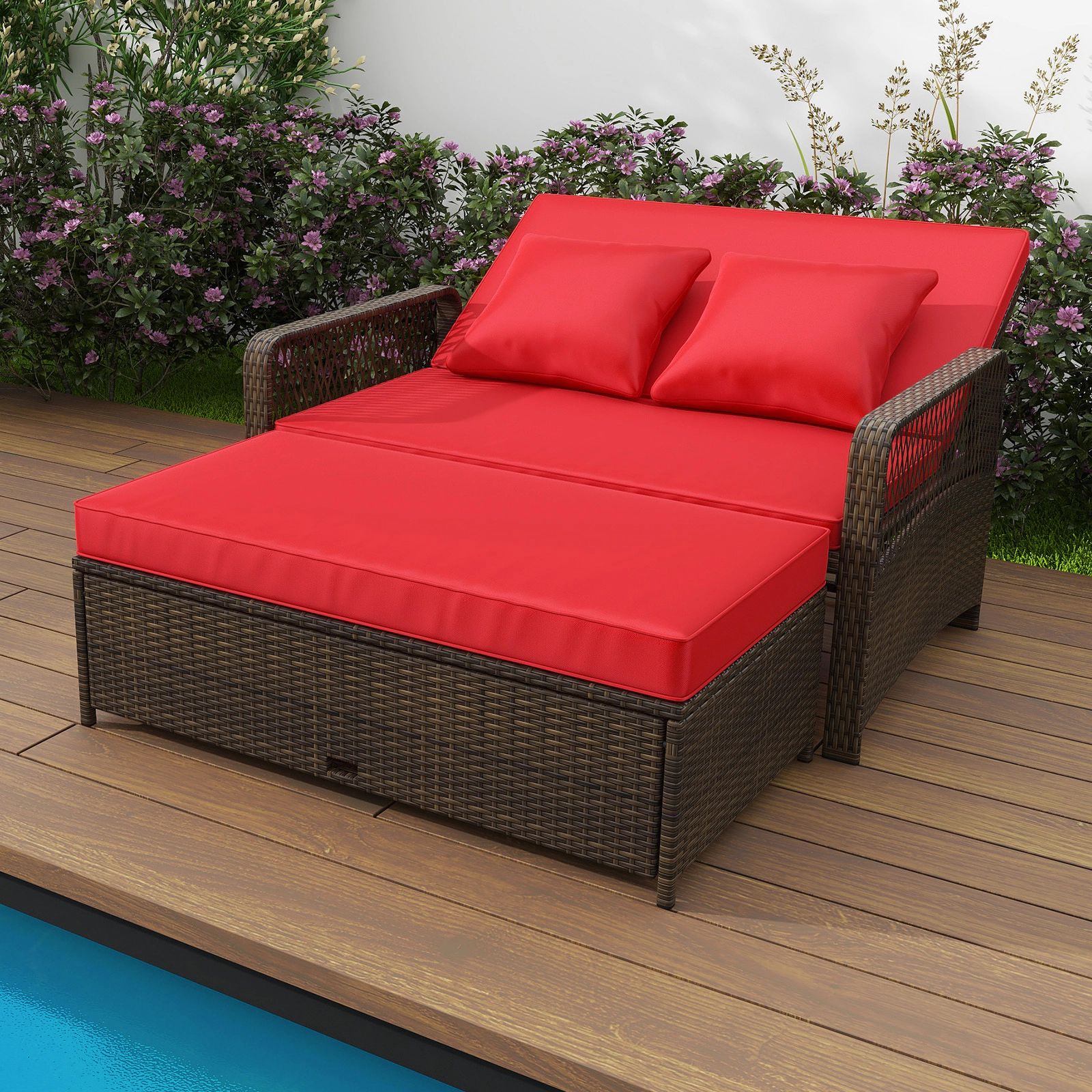 SUGIFT 2-Piece Wicker Patio Daybed with 4-Level Backrest and Storage Ottoman 48.5-in W 800-lb Seat Capacity Red