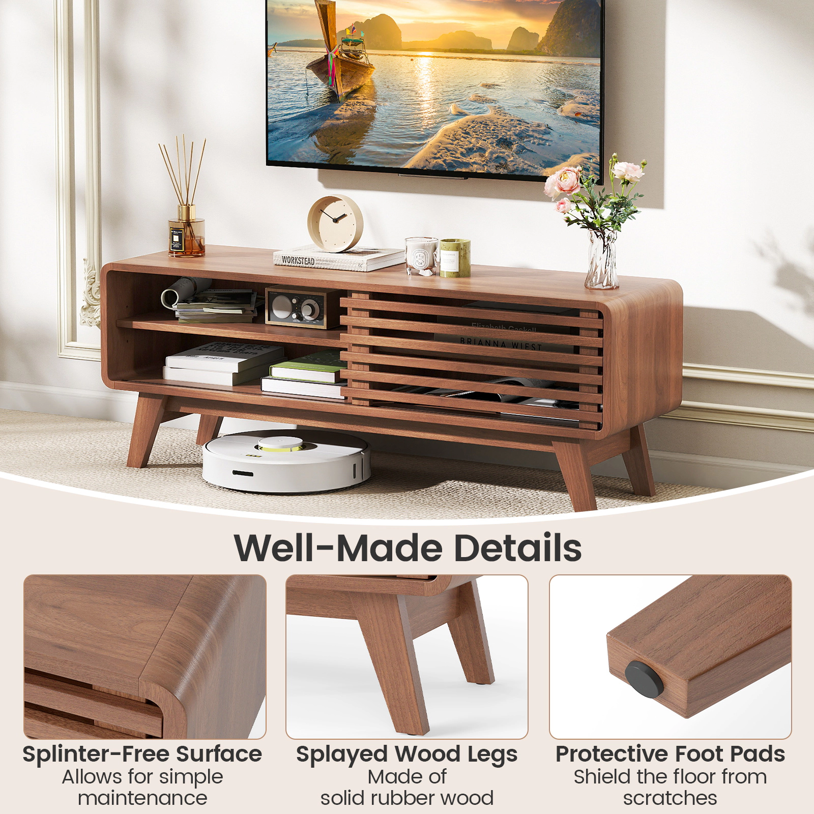 Glintex 47.5-Inch TV Stand with Sliding Door and Splayed Wood Legs, Walnut