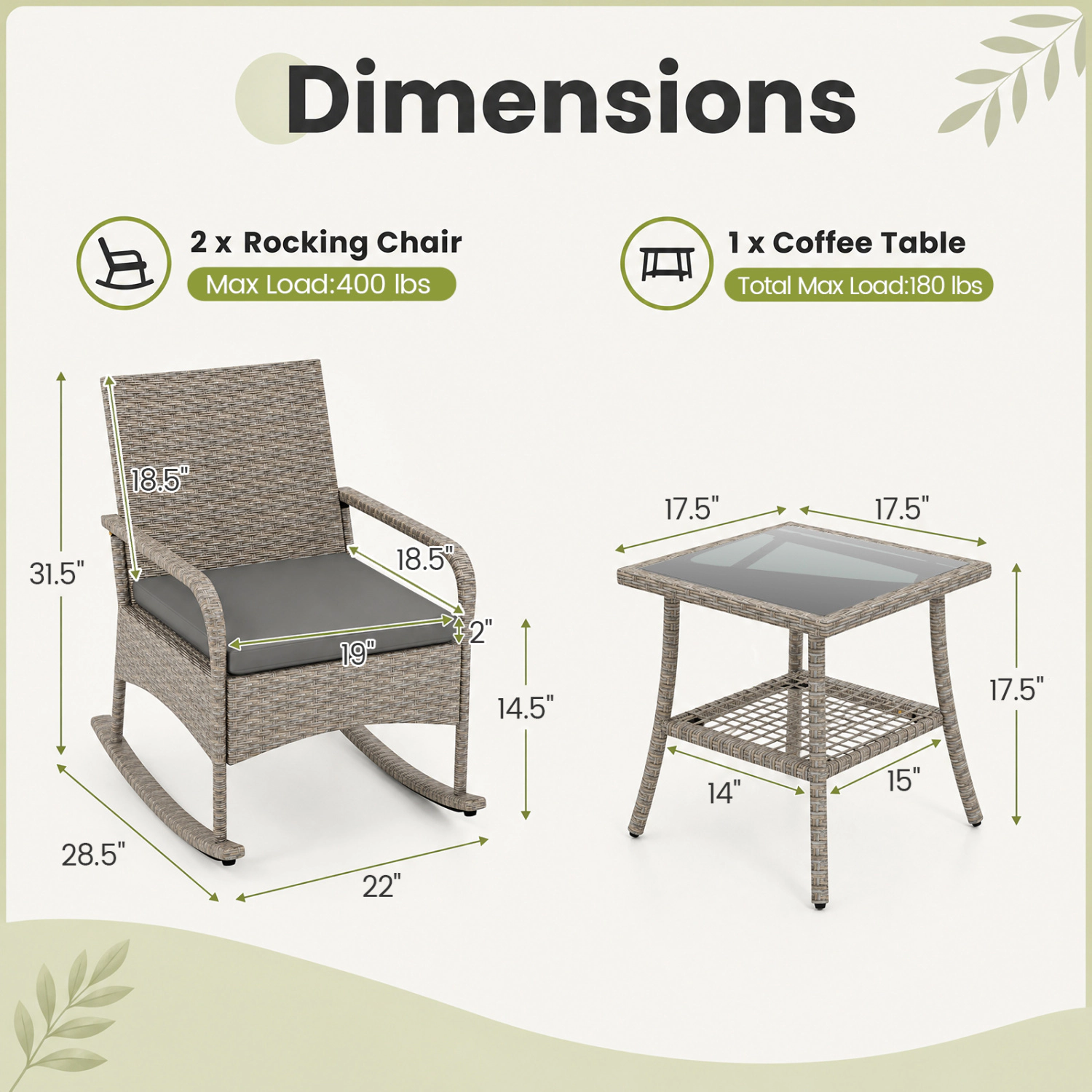 LJG 3-Piece Wicker Rocking Bistro Set with Cushions for Garden Backyard Porch