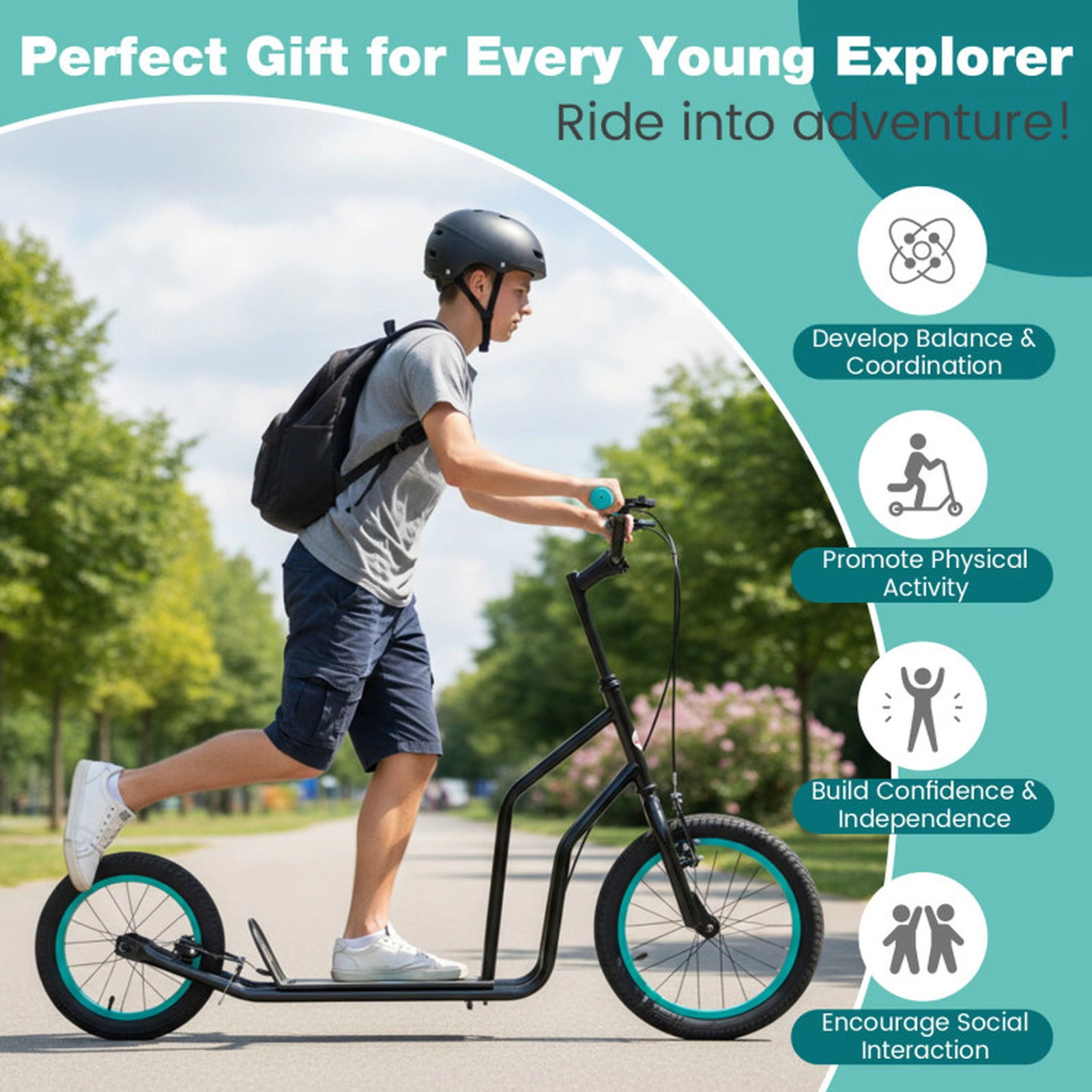 SUGIFT Youth Scooter with Adjustable Handlebar and 16/14-in Inflatable Wheels 110-lb Capacity Ages 8+ Black
