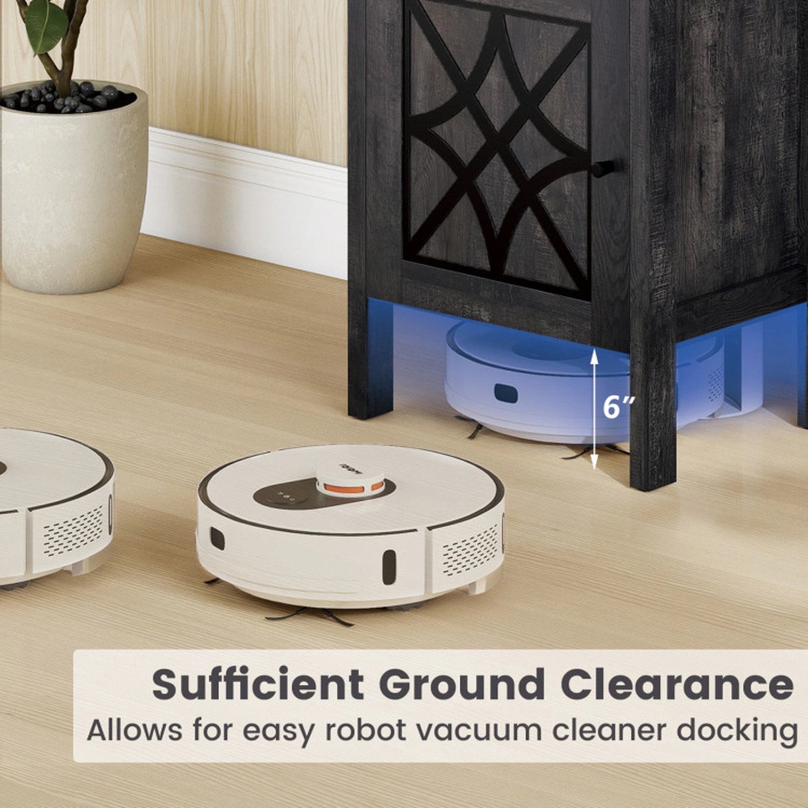 SUGIFT Gray Door and Open Shelf for Living Room Robot Vacuum Storage Cabinet