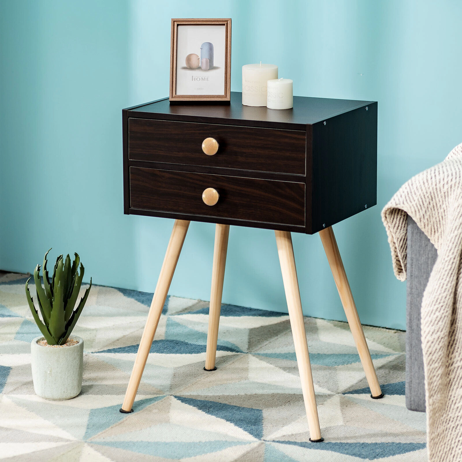 LJG Mid Century Modern 2 Drawers Nightstand in Natural