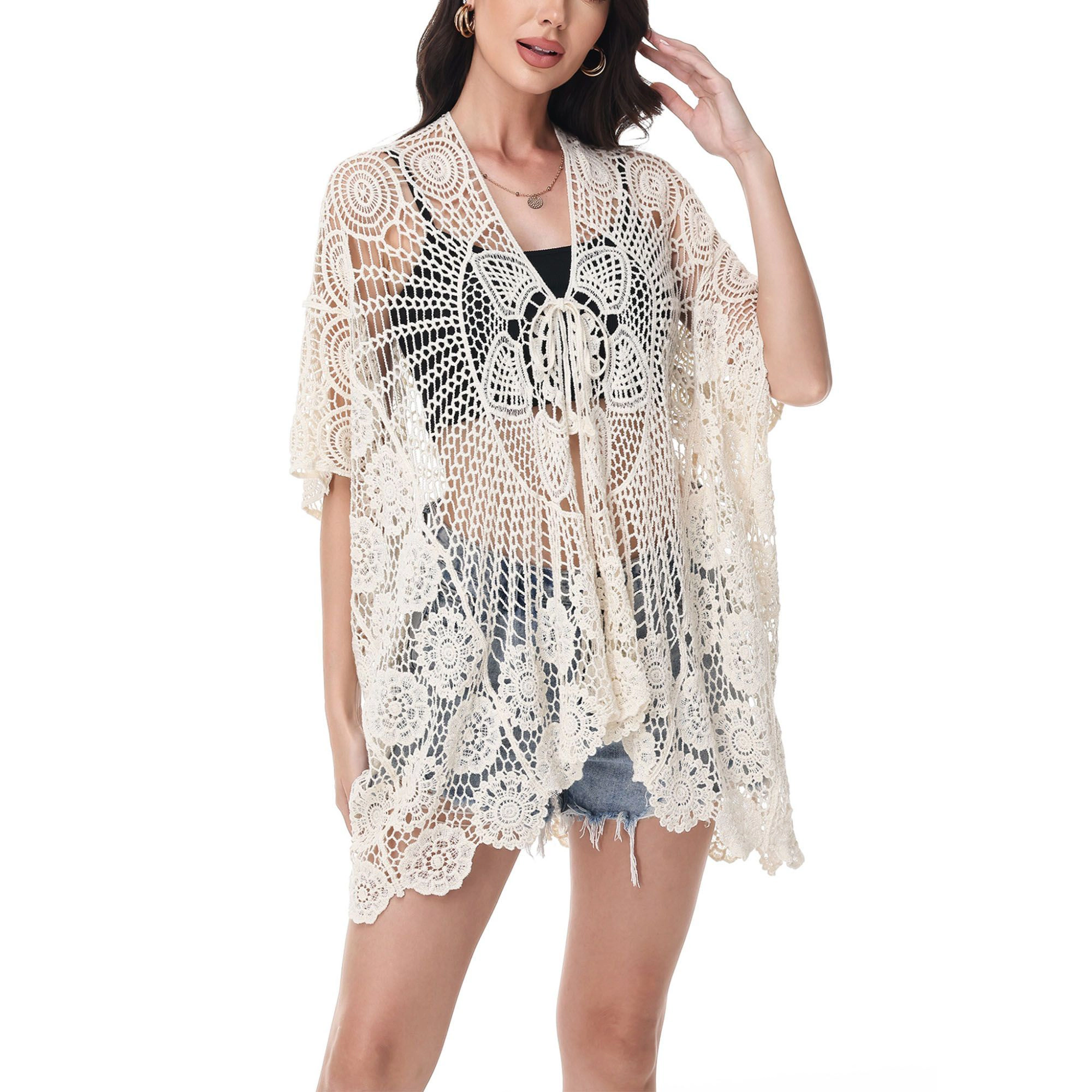 Anna-Kaci Women's Open-Front Crochet Cover-Up with Floral Pattern and Short Sleeves