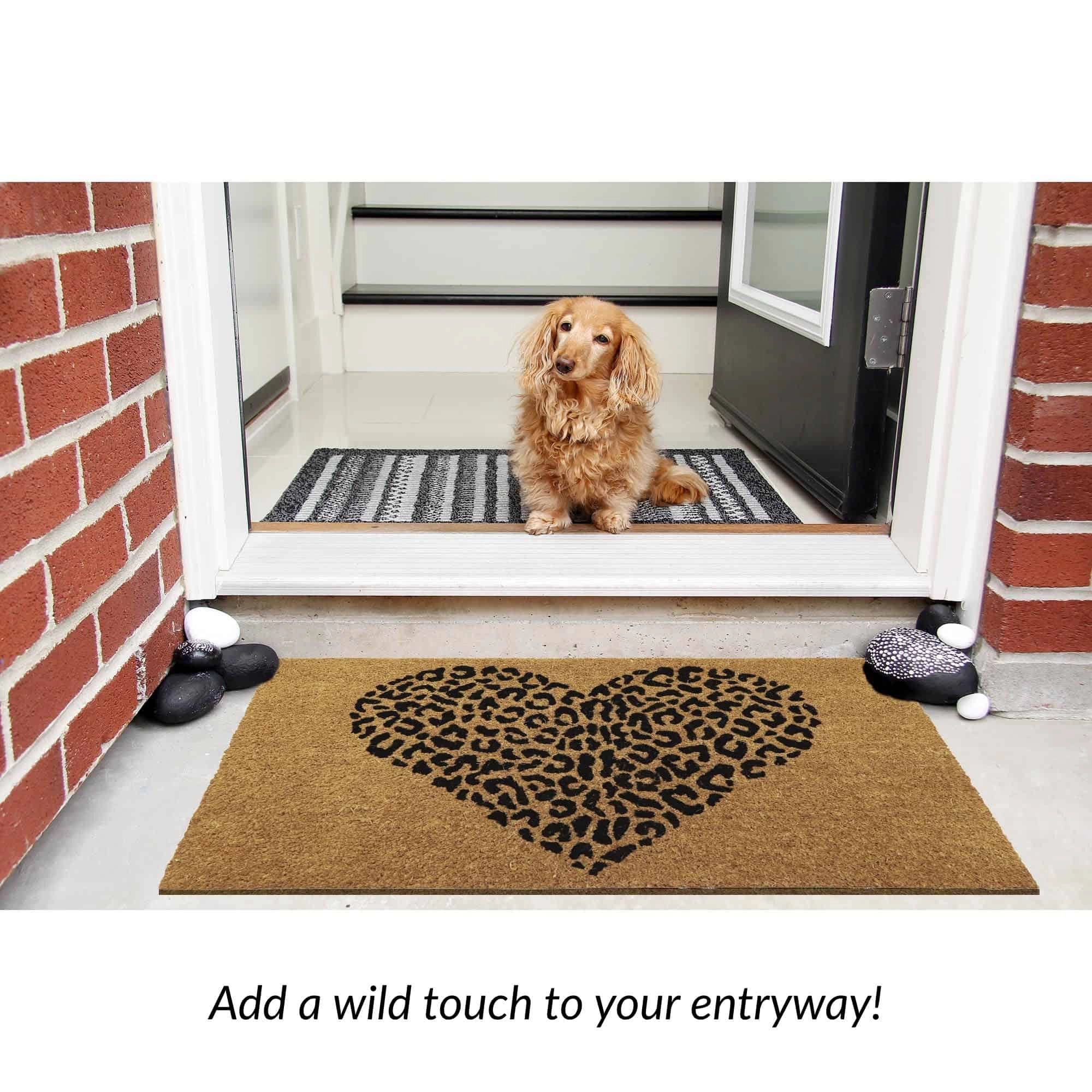 Evideco French Home Goods Natural and Black Leopard Heart Coir Doormat 30 x 18 Inches