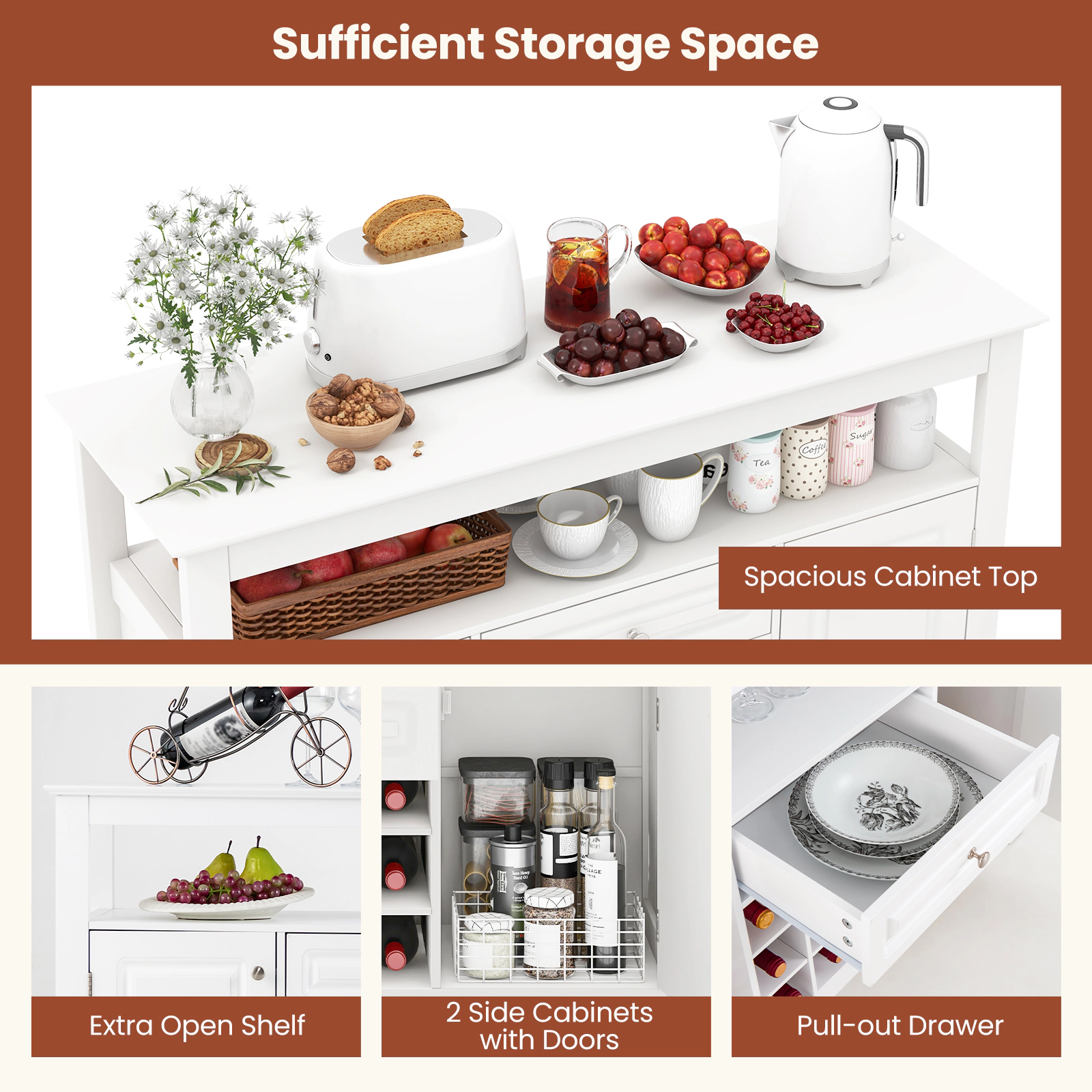SUGIFT 12-Bottle Removable Rack 2 Side Cabinets Buffet Wine Cabinet 45.5-in x 16-in x 32.5-in 485-lb Capacity White