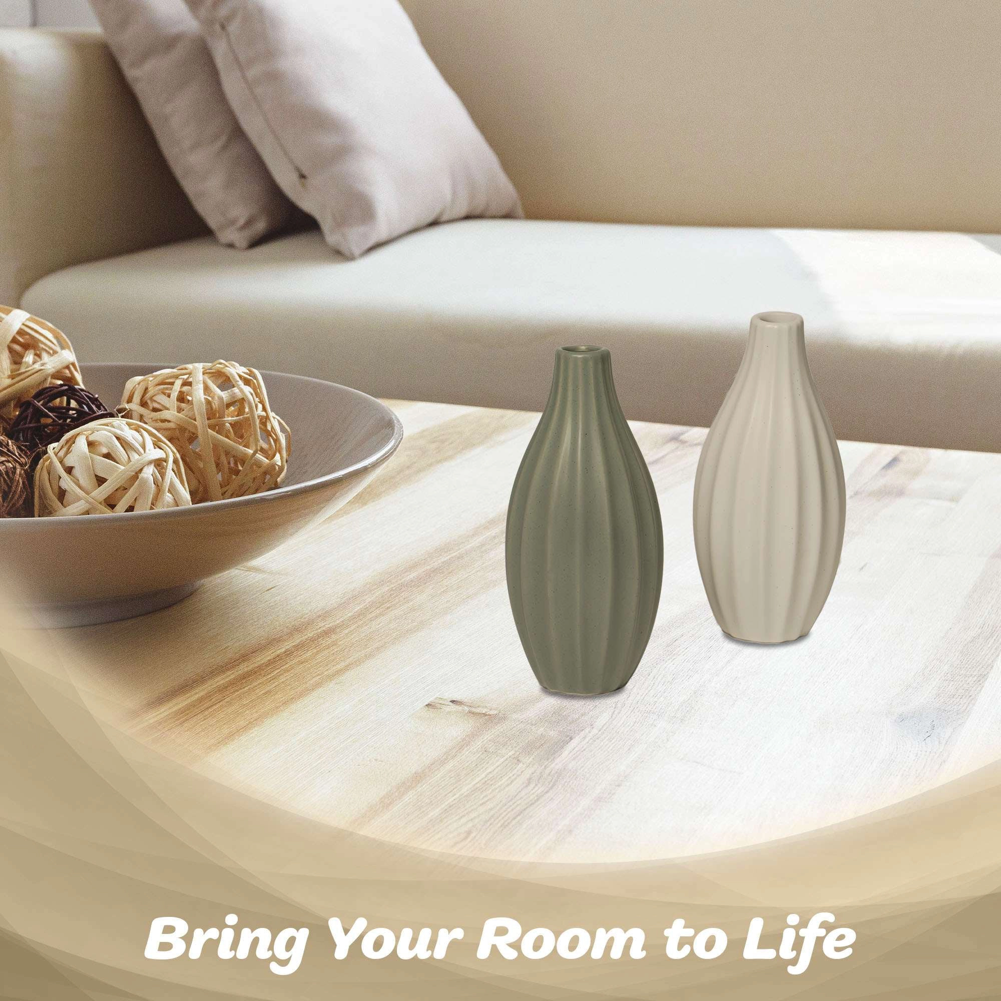 G128 Set of 2 7.75 in Ribbed Ceramic Vases Olive Green and Cream Modern Matte Home Decor