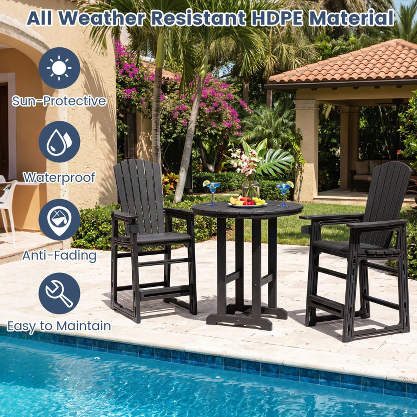 SUGIFT Black Backrest Armrests and Cup Holder Outdoor 29 Inch HDPE Bar Stool