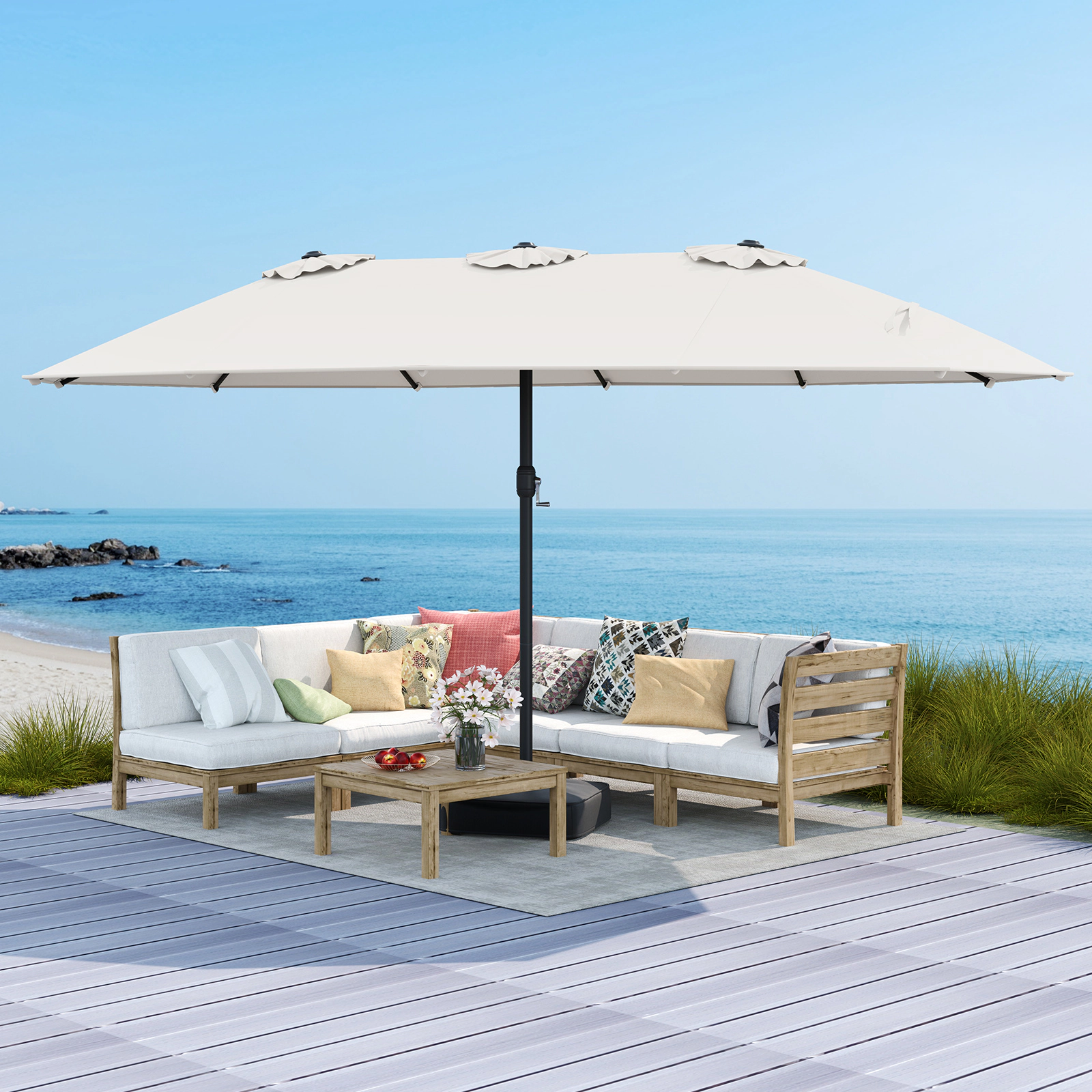 SUGIFT 15-ft Beige Double-Sided Rectangular Patio Umbrella with Cross Stand and Sandbags