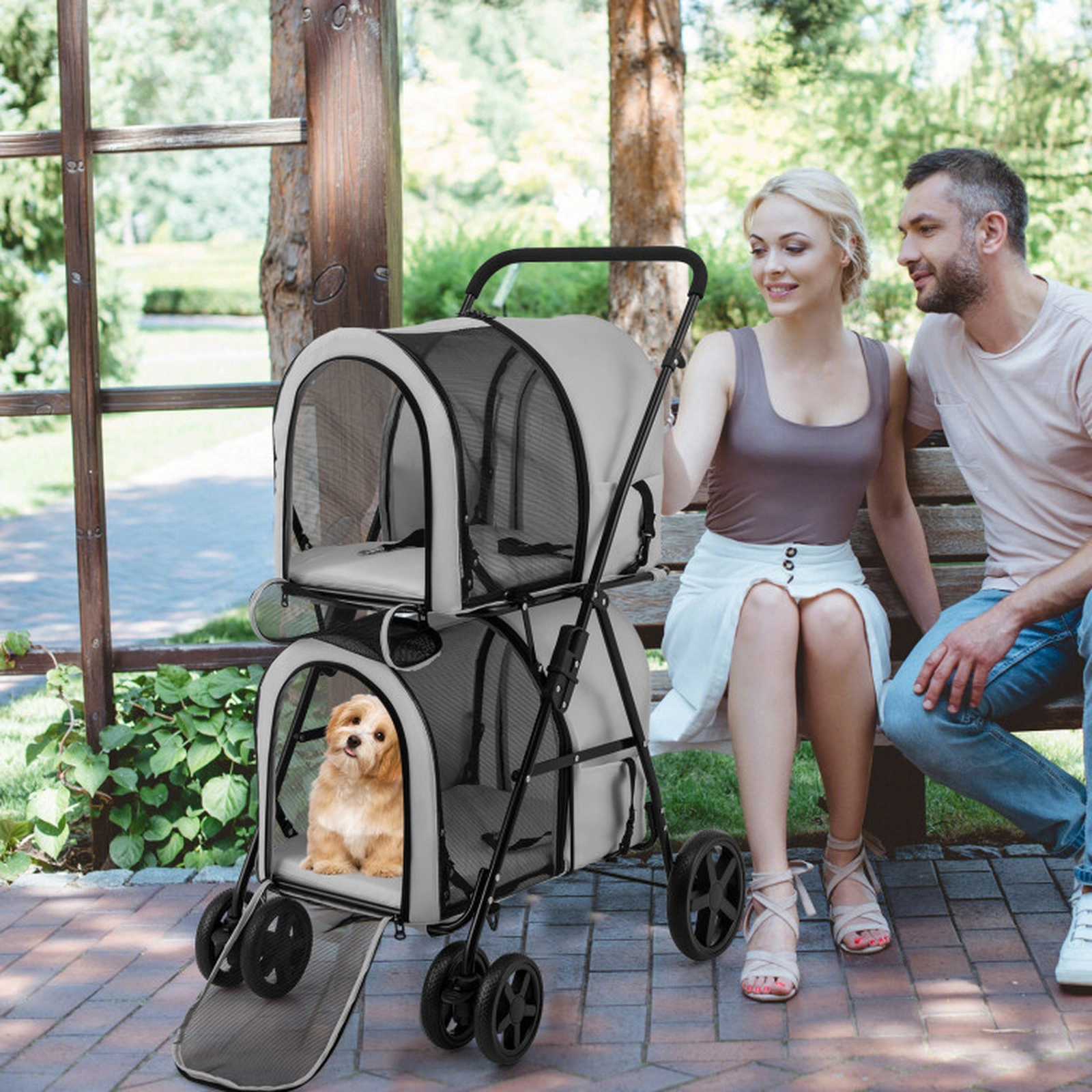 SUGIFT 4-in-1 Double Pet Stroller with Detachable Carriers and Car Seat Carrier 17-lb Capacity Beige Blue Black