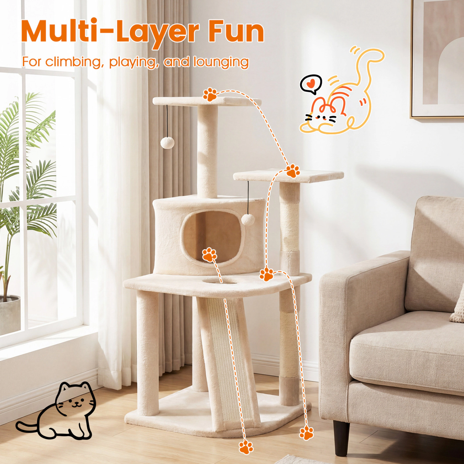 Glintex 44-Inch Kitten Tower with Central Condo Dual-Purpose Ramp and 2 Plush Perches