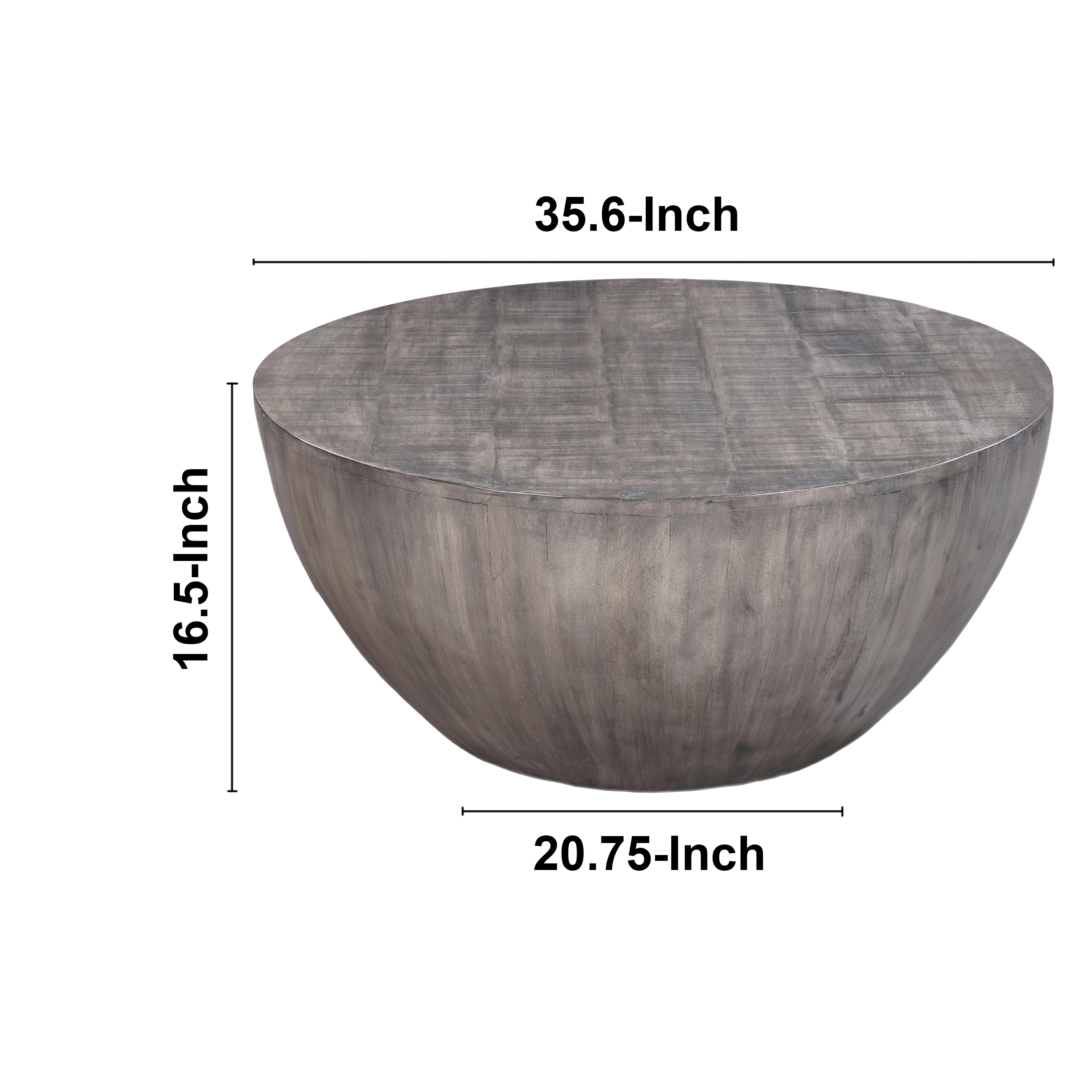 The Urban Port 36 Inch Round Coffee Table, Handcrafted Drum Shape, Mango Wood with Olive Gray Finish