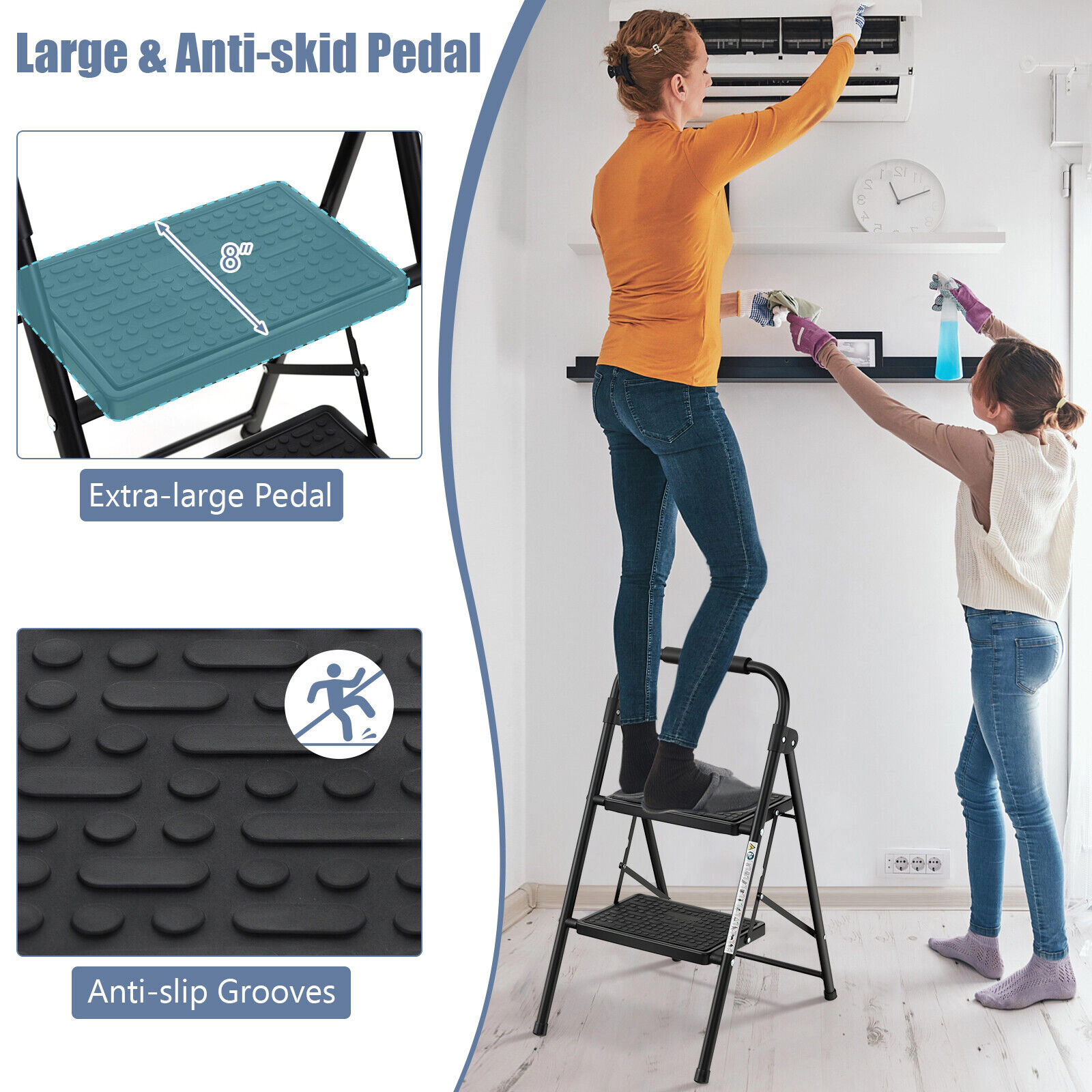 SUGIFT Folding 2-Step Metal Ladder Step Stool EVA Padded Handle Anti-Slip 330-lb Capacity 12 x 8-in Pedals Black