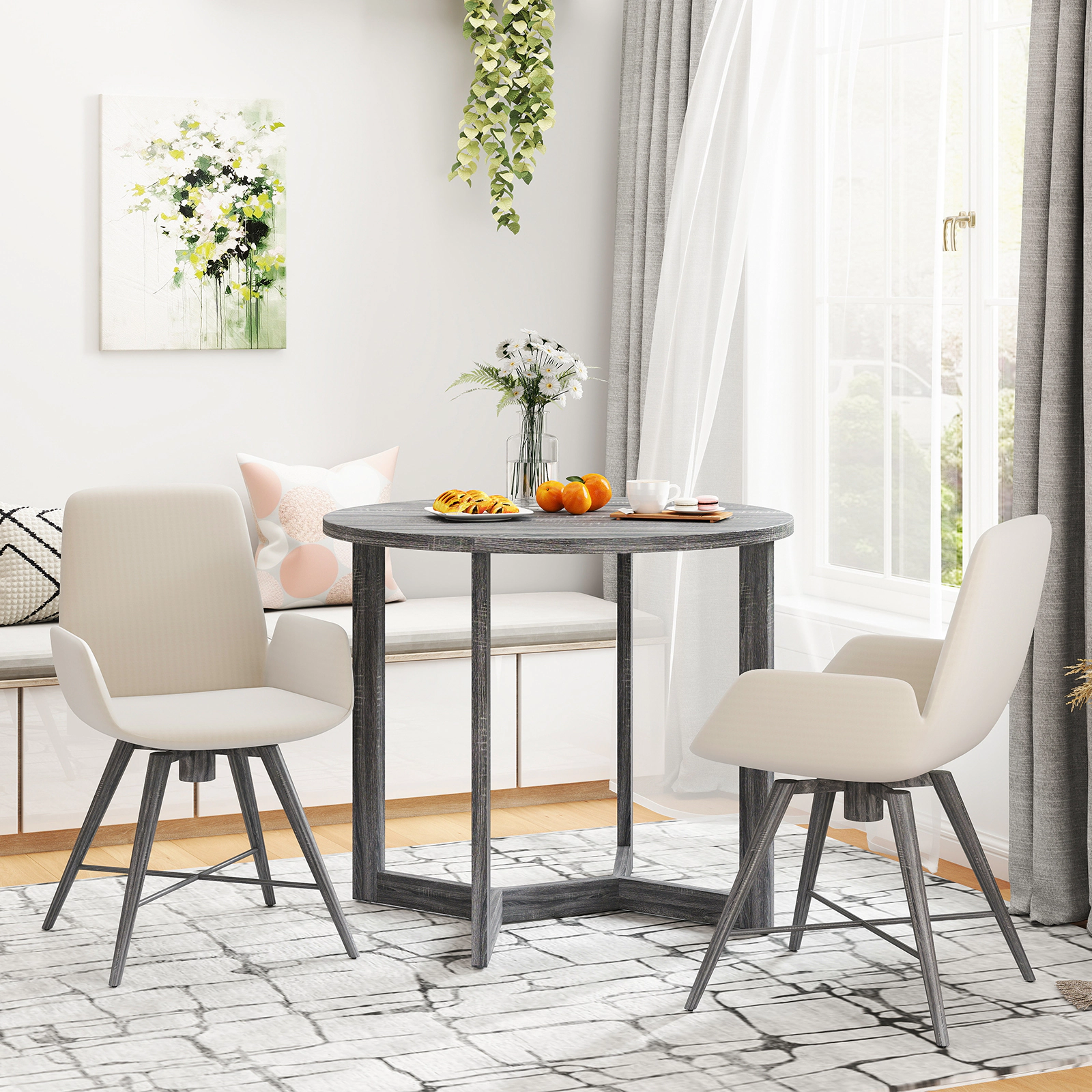 LJG 36 Inch Round Wood Dining Table for 2-4 People with Wing-Shaped Pedestal Base