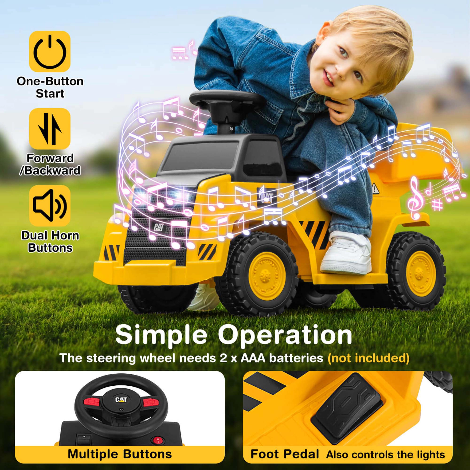 Costway Ride on Dump Truck with One-Button Start Horn Adjustable Dump Bed Treaded Wheels